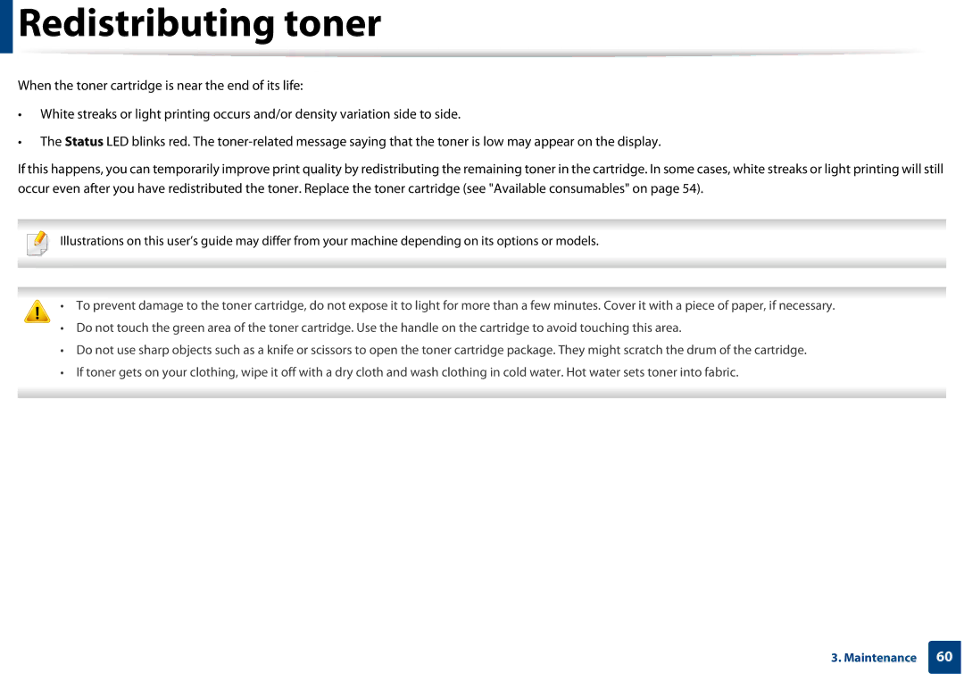 Samsung SLM3820DWXAA, SLM3320NDXAA manual Redistributing toner 