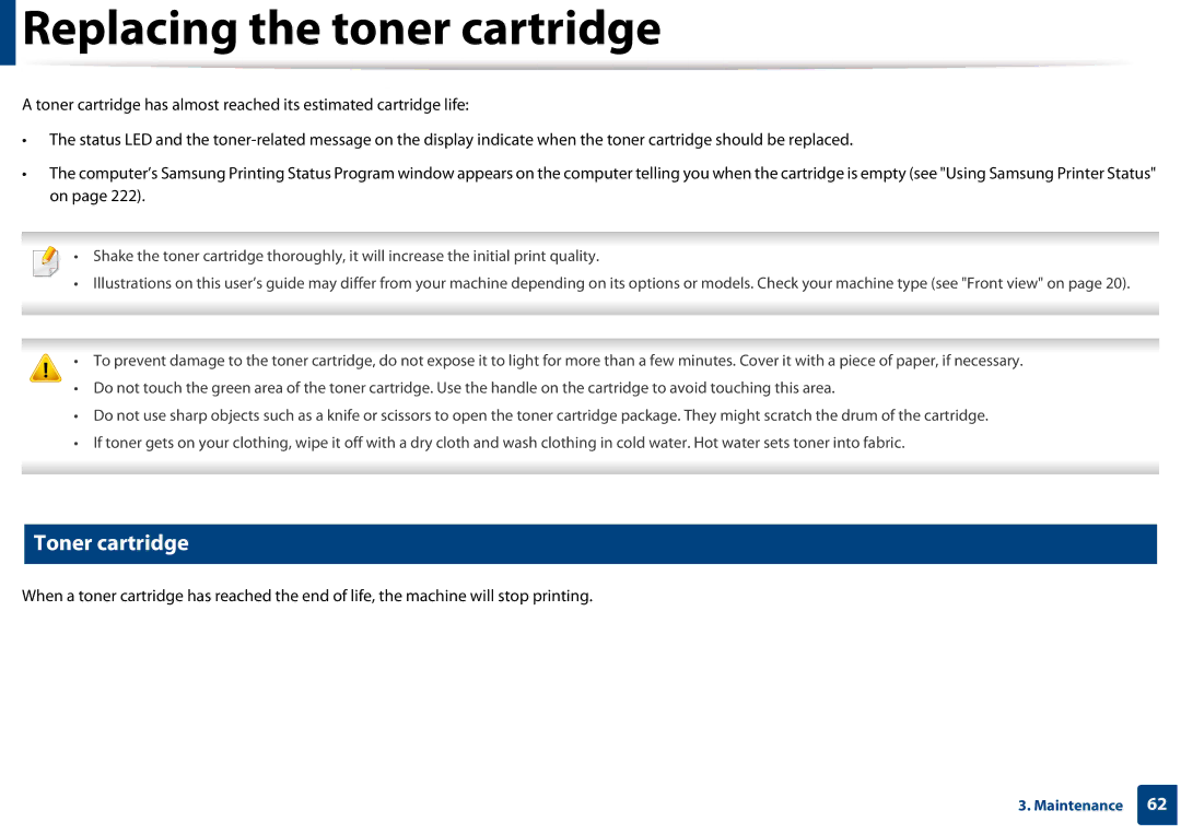 Samsung SLM3320NDXAA, SLM3820DWXAA manual Replacing the toner cartridge, Toner cartridge 