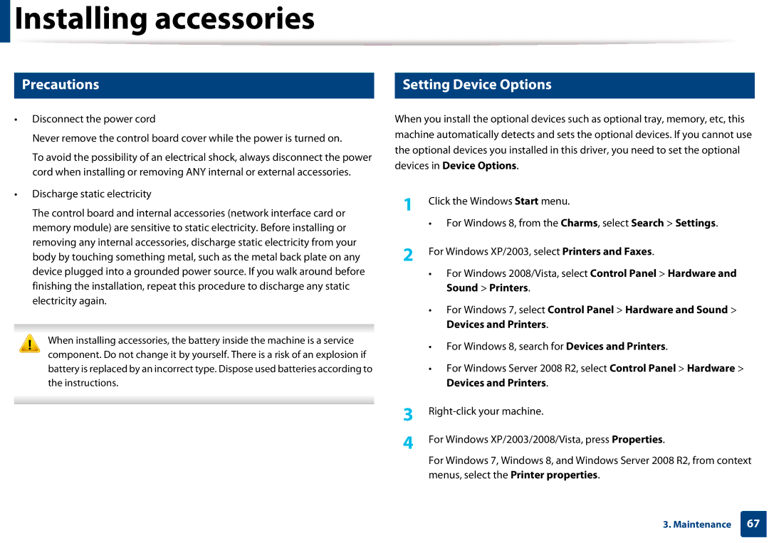 Samsung SLM3820DWXAA, SLM3320NDXAA manual Installing accessories, Precautions, Setting Device Options 