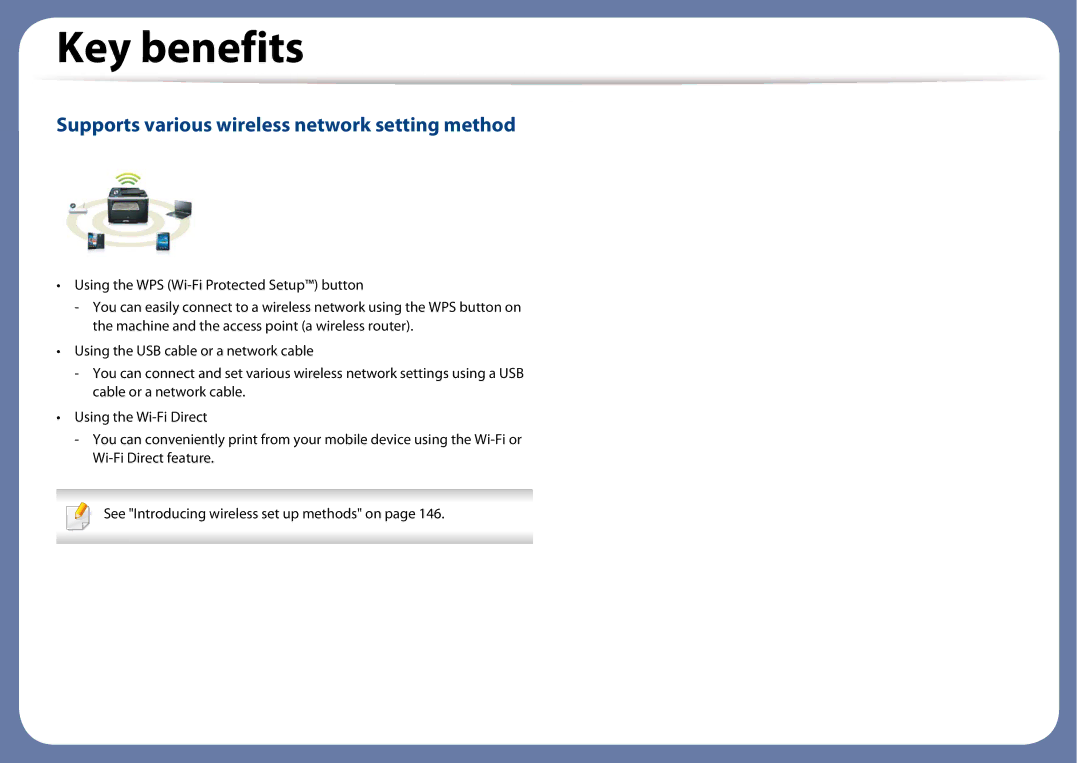 Samsung SLM3820DWXAA, SLM3320NDXAA manual Supports various wireless network setting method 