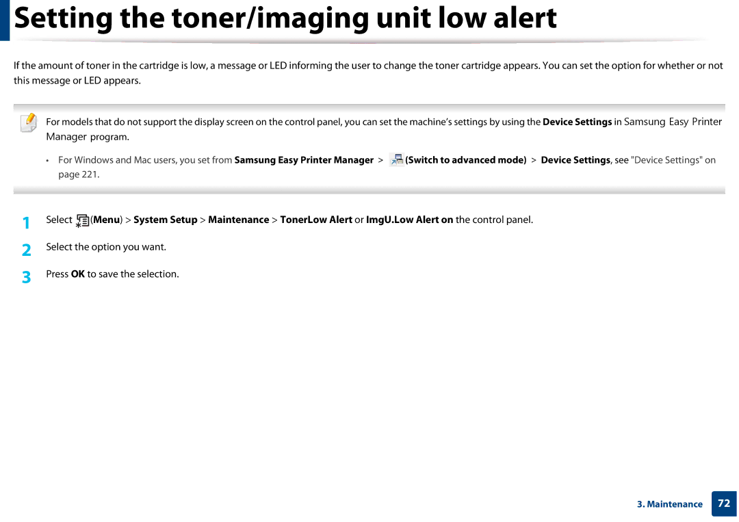 Samsung SLM3820DWXAA, SLM3320NDXAA manual Setting the toner/imaging unit low alert 