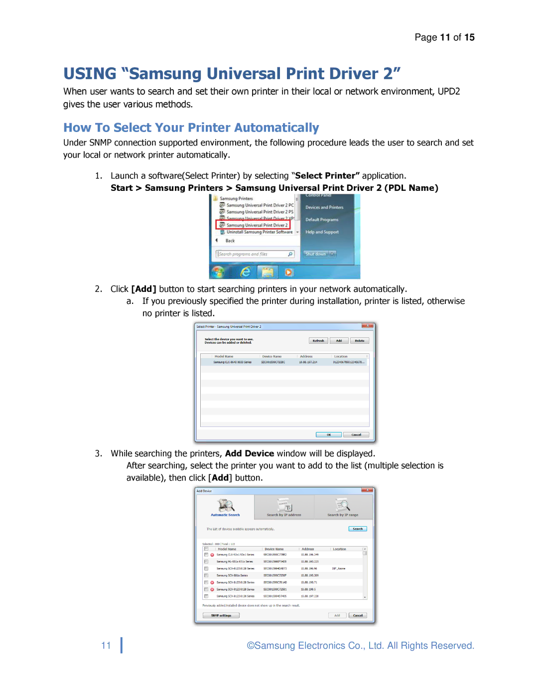 Samsung SCX4729FD, SLM3870FW, ML2165W Using Samsung Universal Print Driver, How To Select Your Printer Automatically 