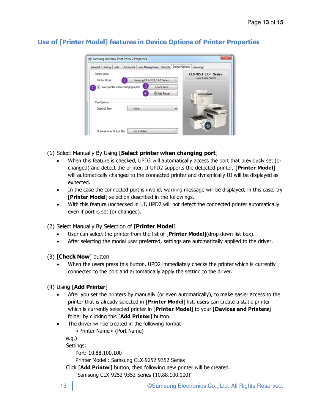 Samsung SLM3870FW, ML2165WXAA, SCX4729FD specifications Select Manually By Using Select printer when changing port 