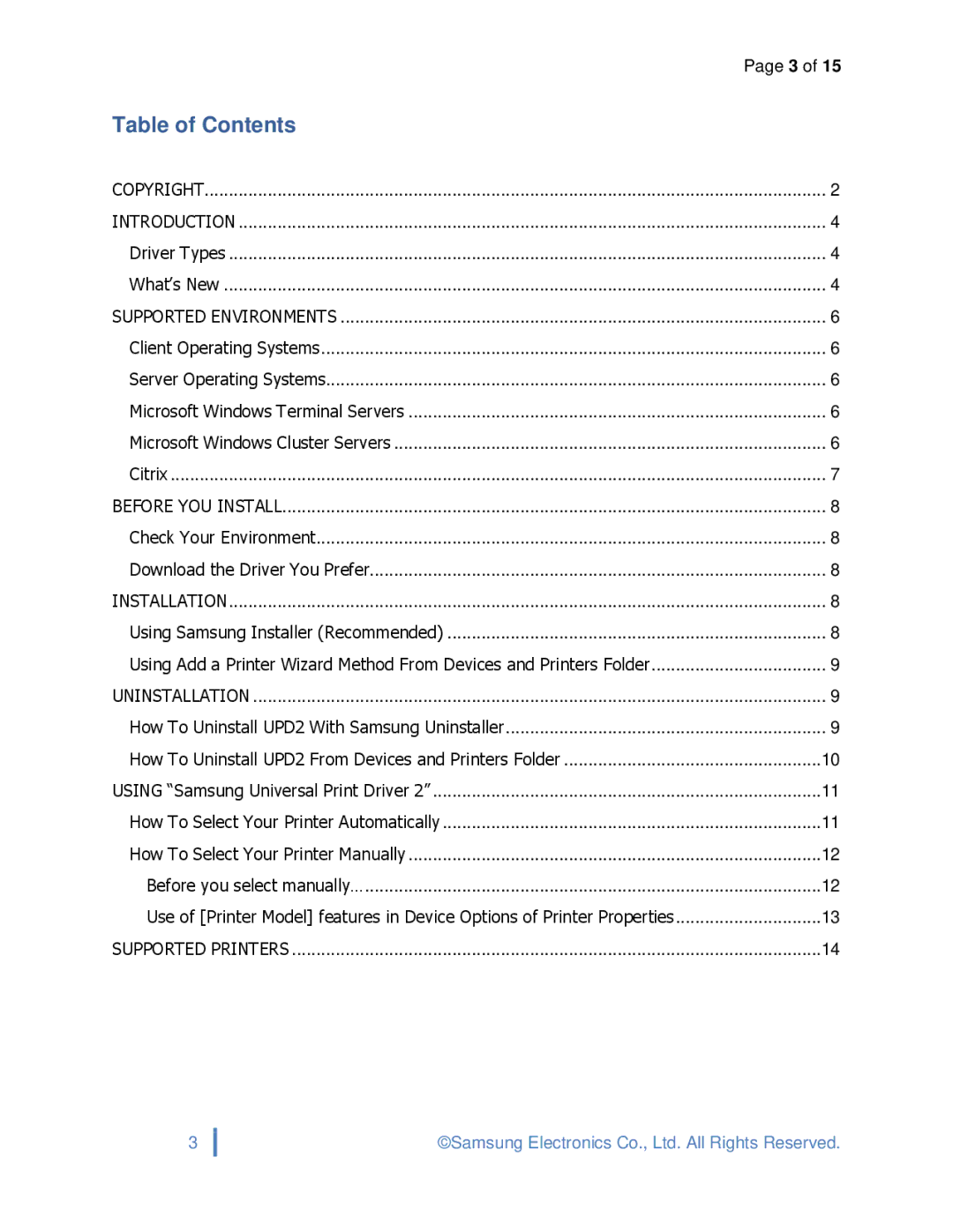 Samsung SCX4729FD, SLM3870FW, ML2165WXAA specifications Table of Contents 