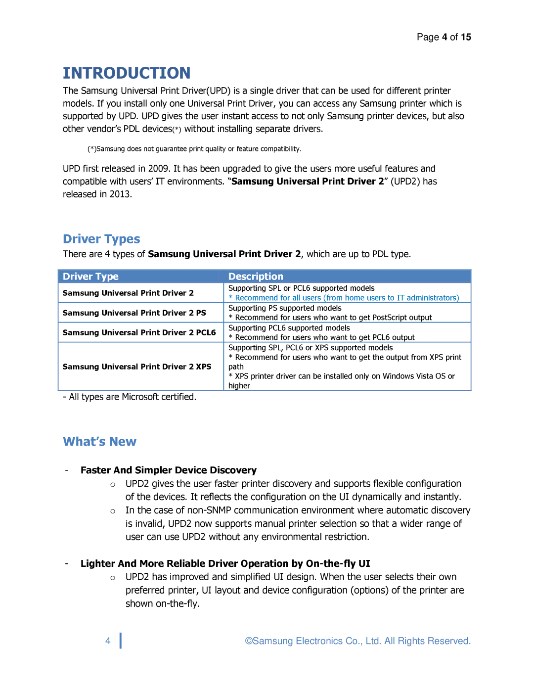 Samsung SLM3870FW, ML2165WXAA, SCX4729FD specifications Introduction, Driver Types, What’s New 