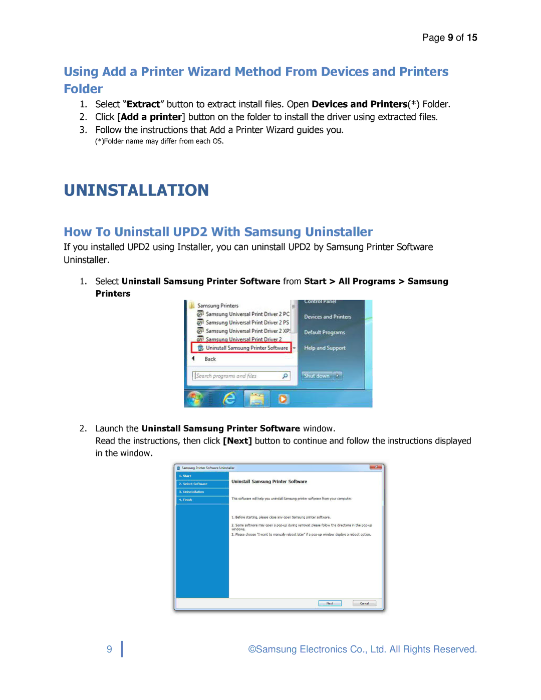 Samsung SLM3870FW, ML2165WXAA, SCX4729FD specifications Uninstallation, How To Uninstall UPD2 With Samsung Uninstaller 