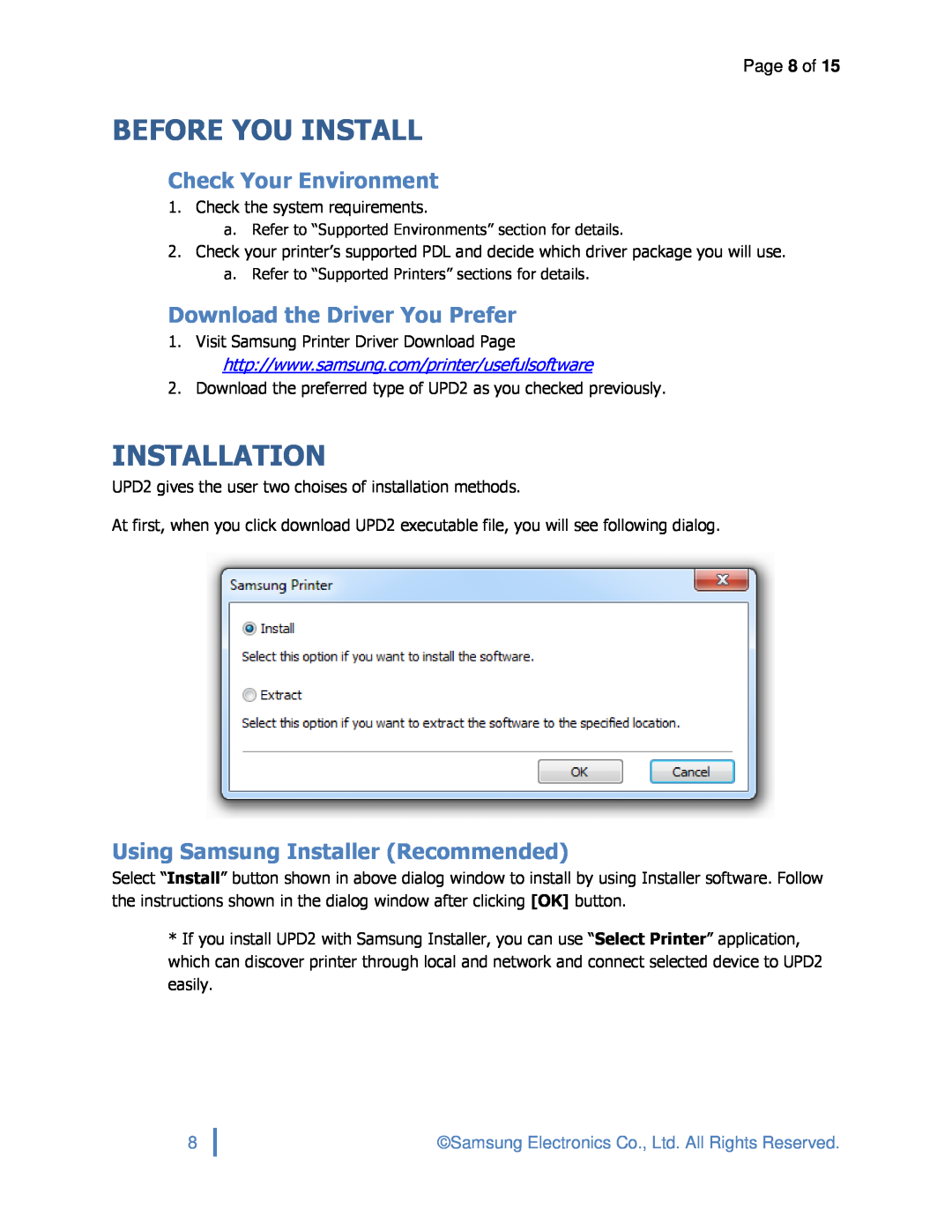 Samsung SLM3870FW Before You Install, Installation, Check Your Environment, Download the Driver You Prefer, Page 8 of 