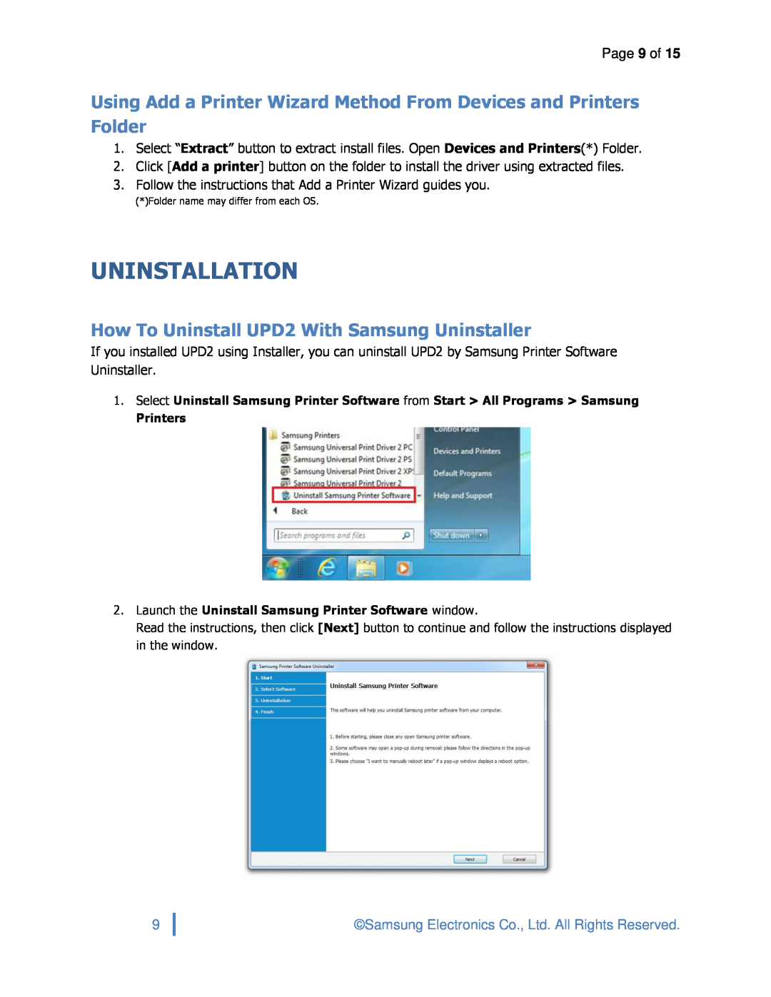 Samsung ML2165W, SLM3870FW Uninstallation, Using Add a Printer Wizard Method From Devices and Printers Folder, Page 9 of 