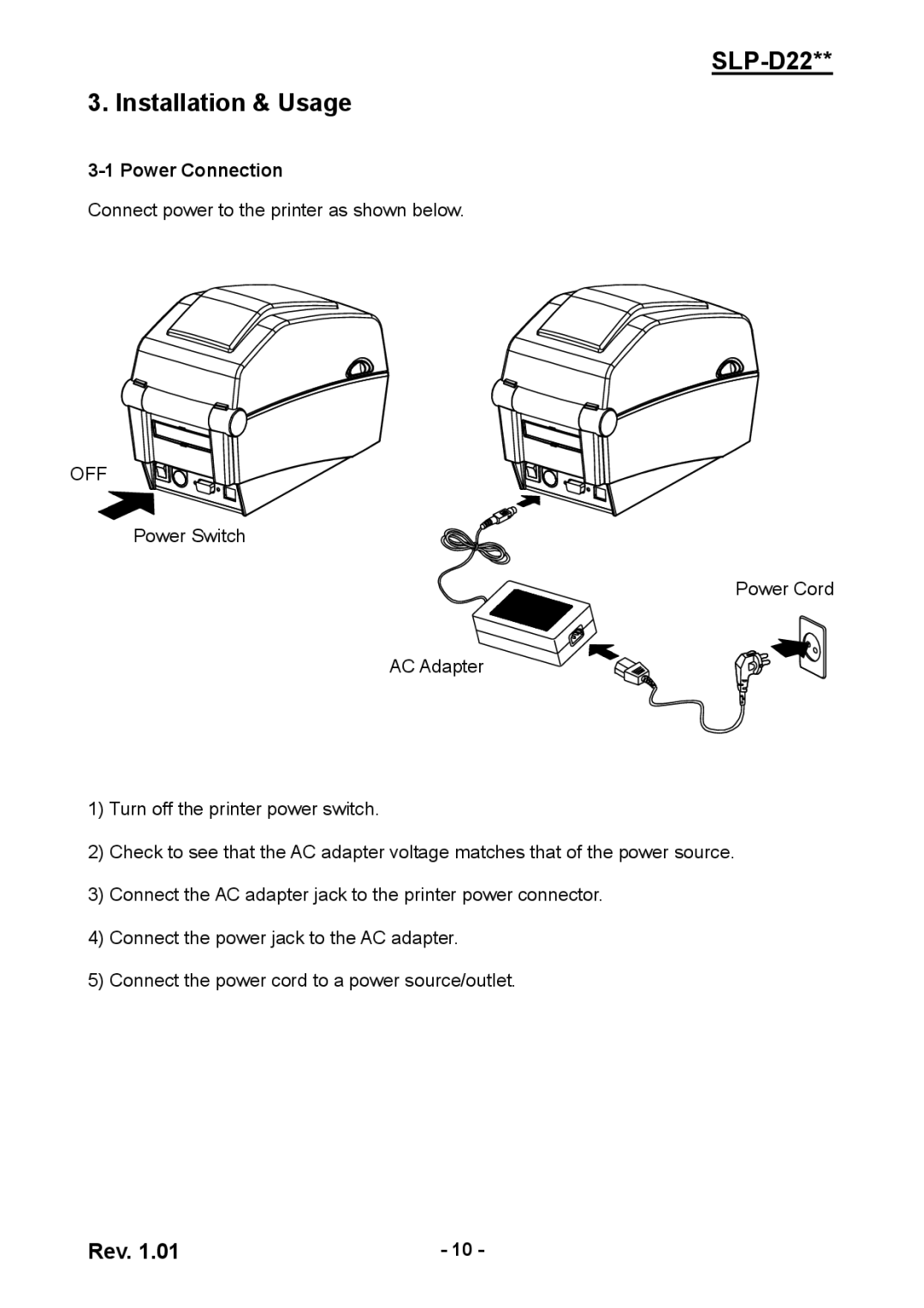 Samsung SLPD220, SLP-D220E, SLP-D223E user manual SLP-D22 Installation & Usage, Power Connection 