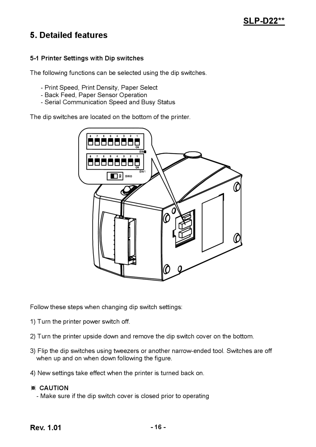 Samsung SLPD220, SLP-D220E, SLP-D223E user manual SLP-D22 Detailed features, Printer Settings with Dip switches 