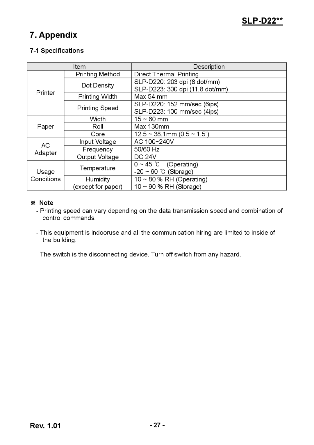 Samsung SLP-D220E, SLPD220, SLP-D223E user manual SLP-D22 Appendix, Specifications, ※ Note 