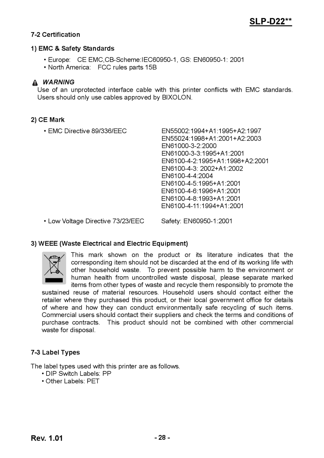 Samsung SLP-D220 Certification EMC & Safety Standards, CE Mark, Weee Waste Electrical and Electric Equipment, Label Types 