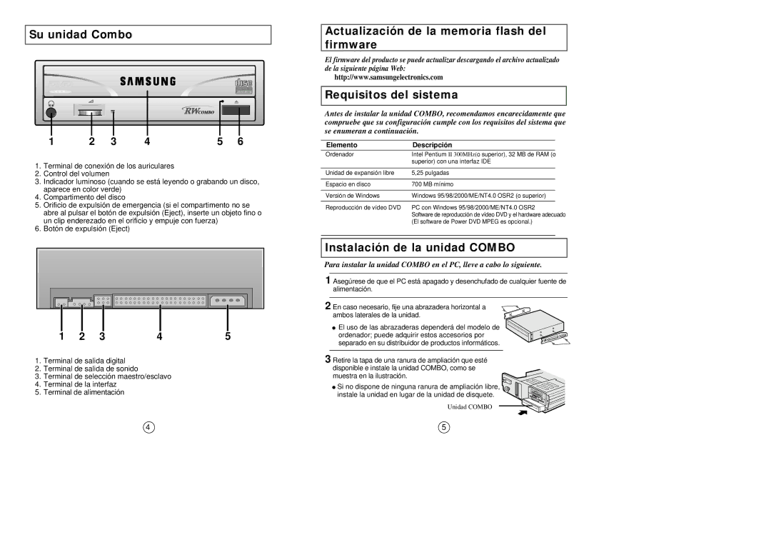 Samsung SM-308 manual Su unidad Combo, Actualización de la memoria flash del firmware, Requisitos del sistema 