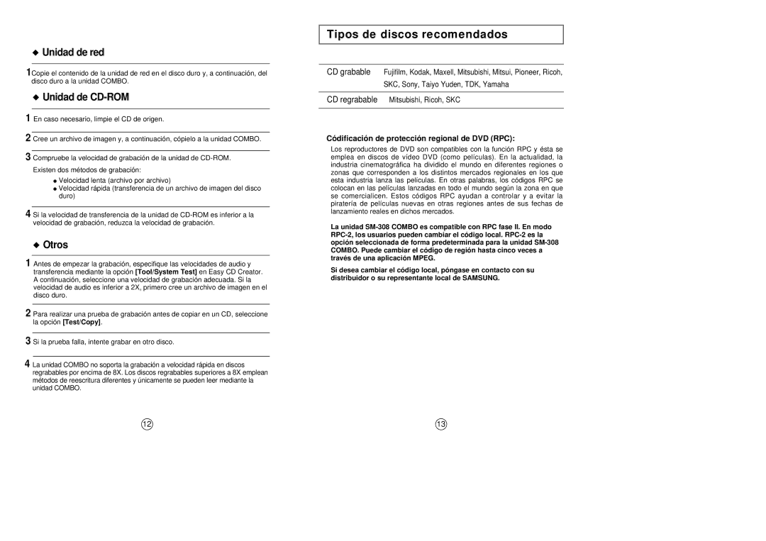 Samsung SM-308 manual Tipos de discos recomendados, Códificación de protección regional de DVD RPC 