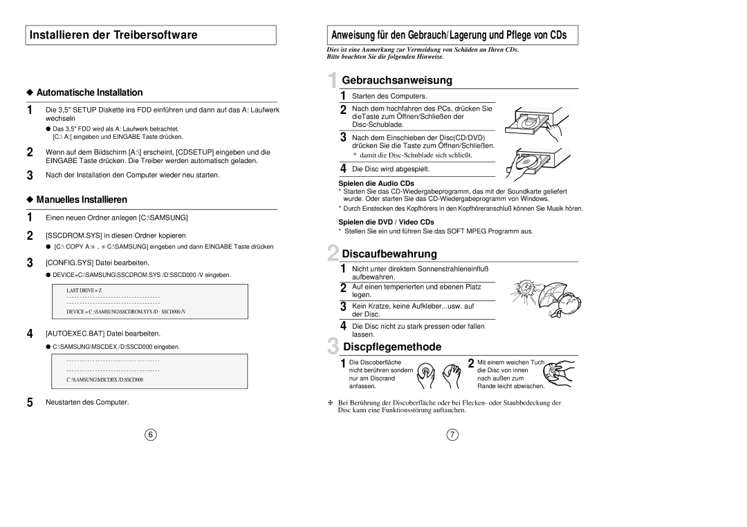 Samsung SM-308 Installieren der Treibersoftware, Automatische Installation, Manuelles Installieren, Spielen die Audio CDs 