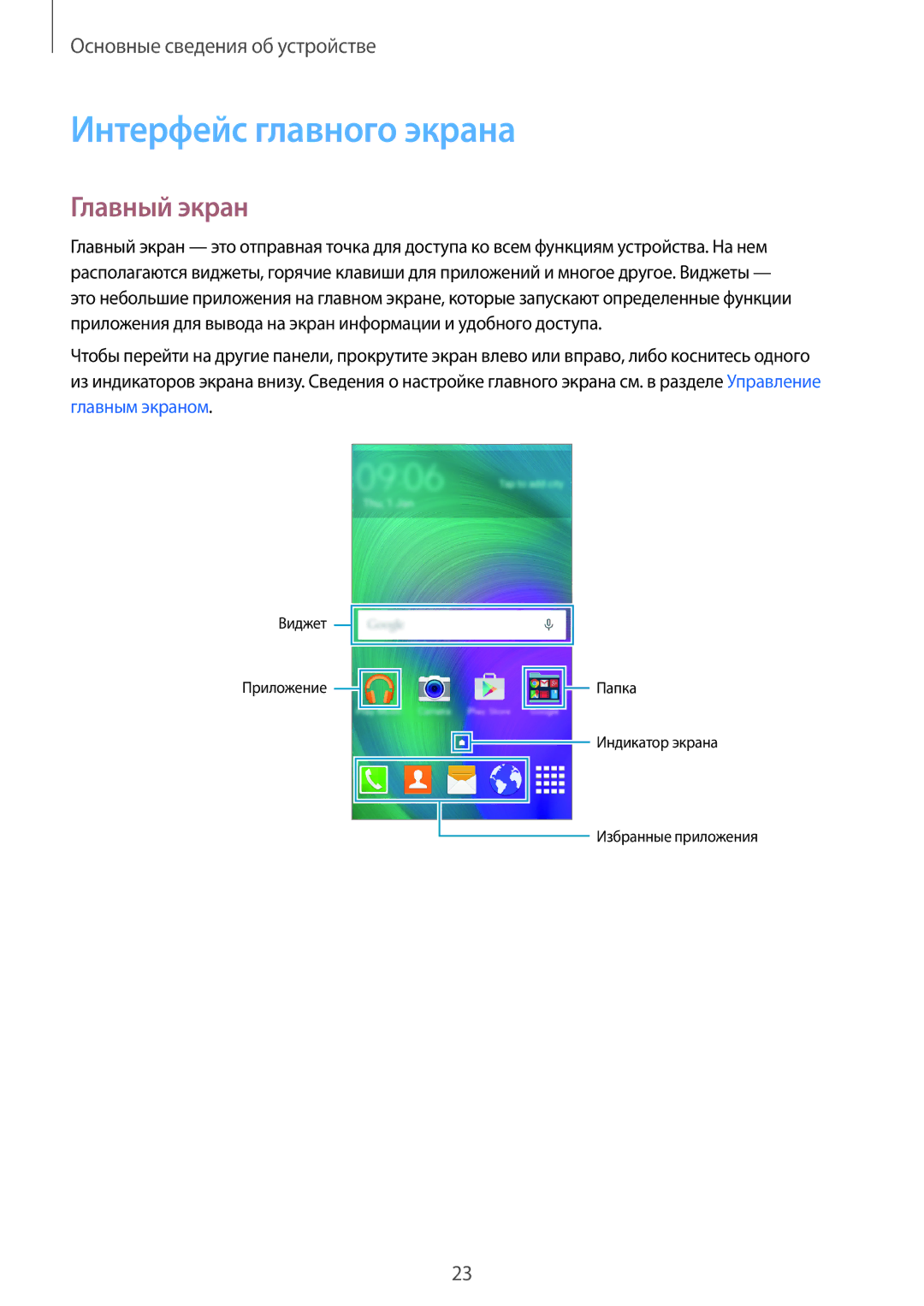 Samsung SM-A300FZKDSER, SM-A300FZBDSER manual Интерфейс главного экрана, Главный экран 