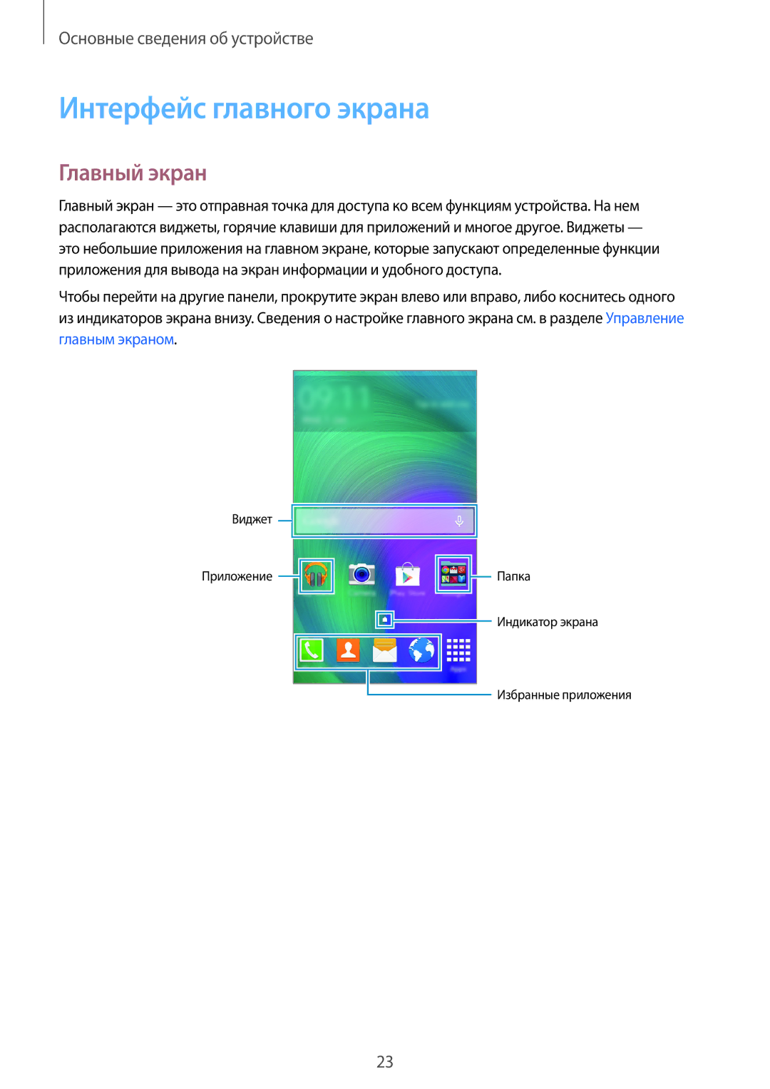Samsung SM-A300FZKDSER, SM-A300FZBDSER manual Интерфейс главного экрана, Главный экран 