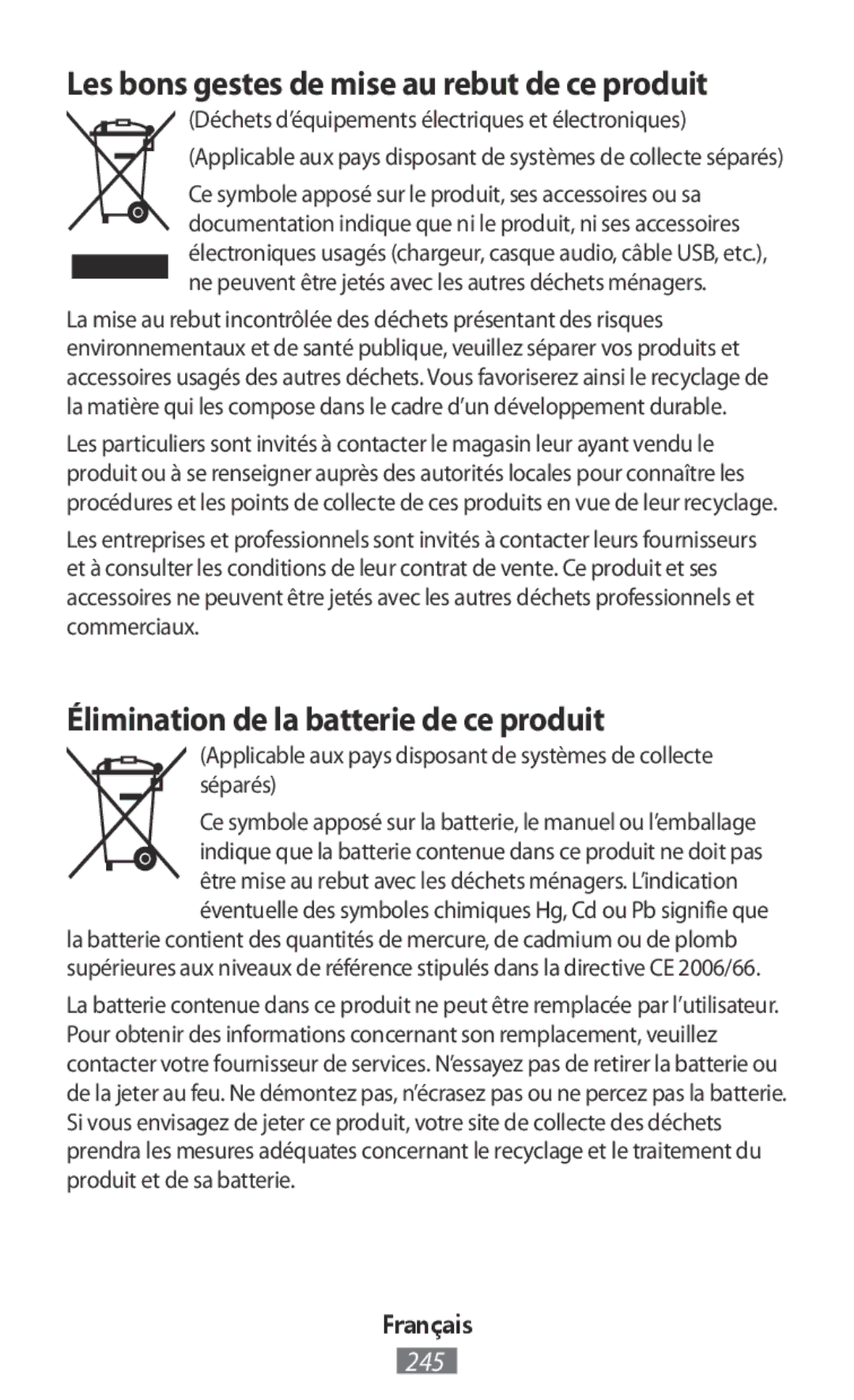 Samsung SM2A300FZDUXEH manual Élimination de la batterie de ce produit, Les bons gestes de mise au rebut de ce produit 