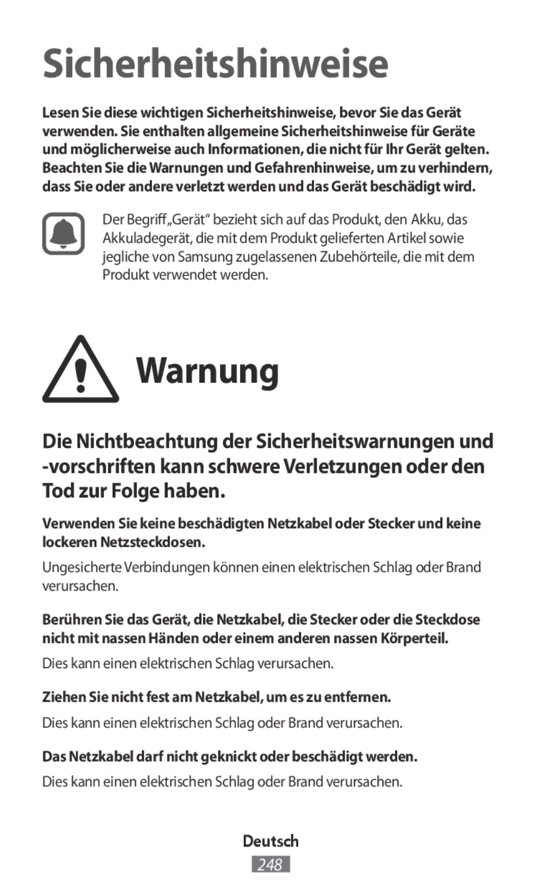 Samsung SM2A300FZWUETL, SM-A300FZDDSEE manual Warnung, Ziehen Sie nicht fest am Netzkabel, um es zu entfernen, Deutsch 