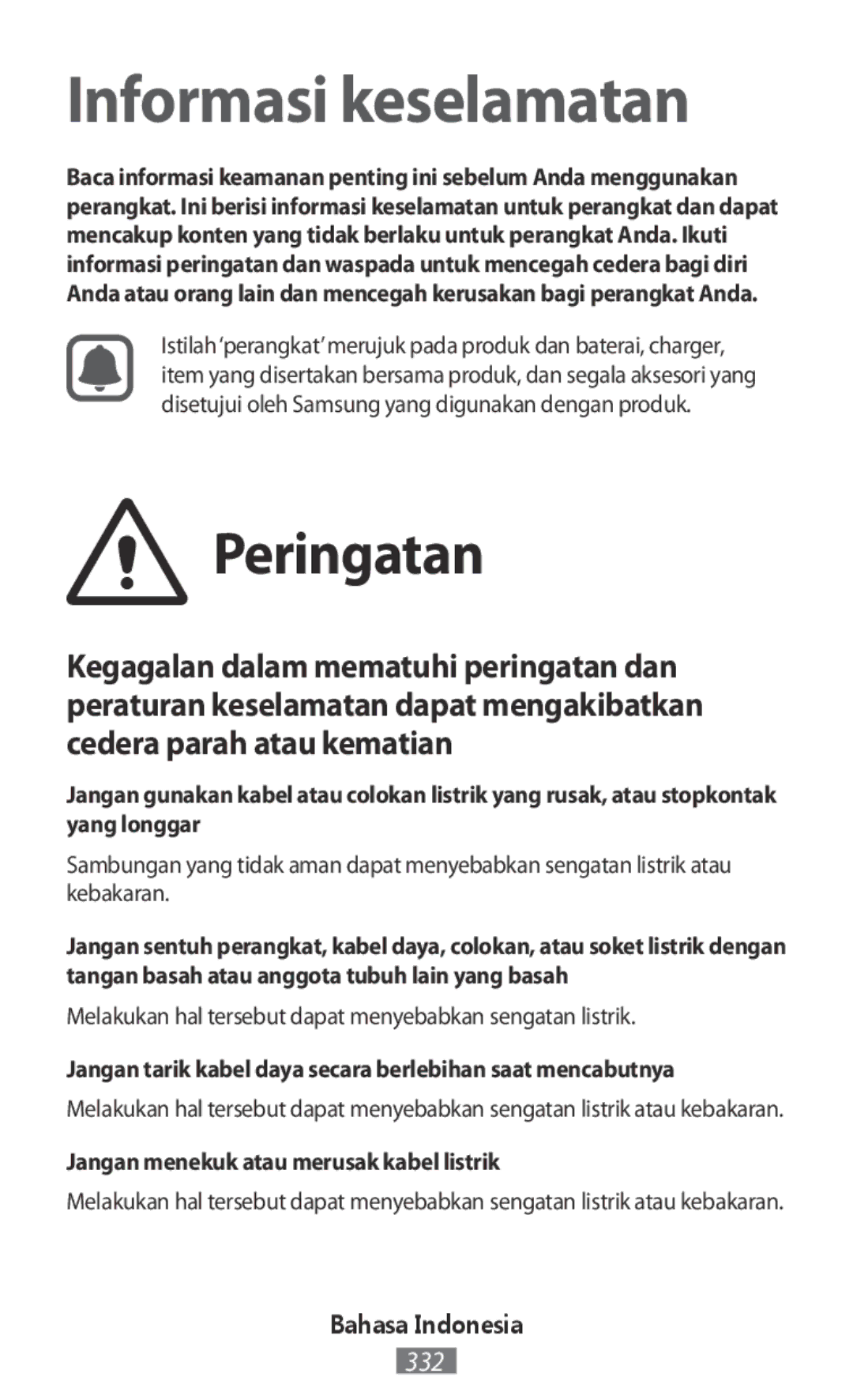 Samsung SM-A300FZSUXEO manual Peringatan, Melakukan hal tersebut dapat menyebabkan sengatan listrik, Bahasa Indonesia 