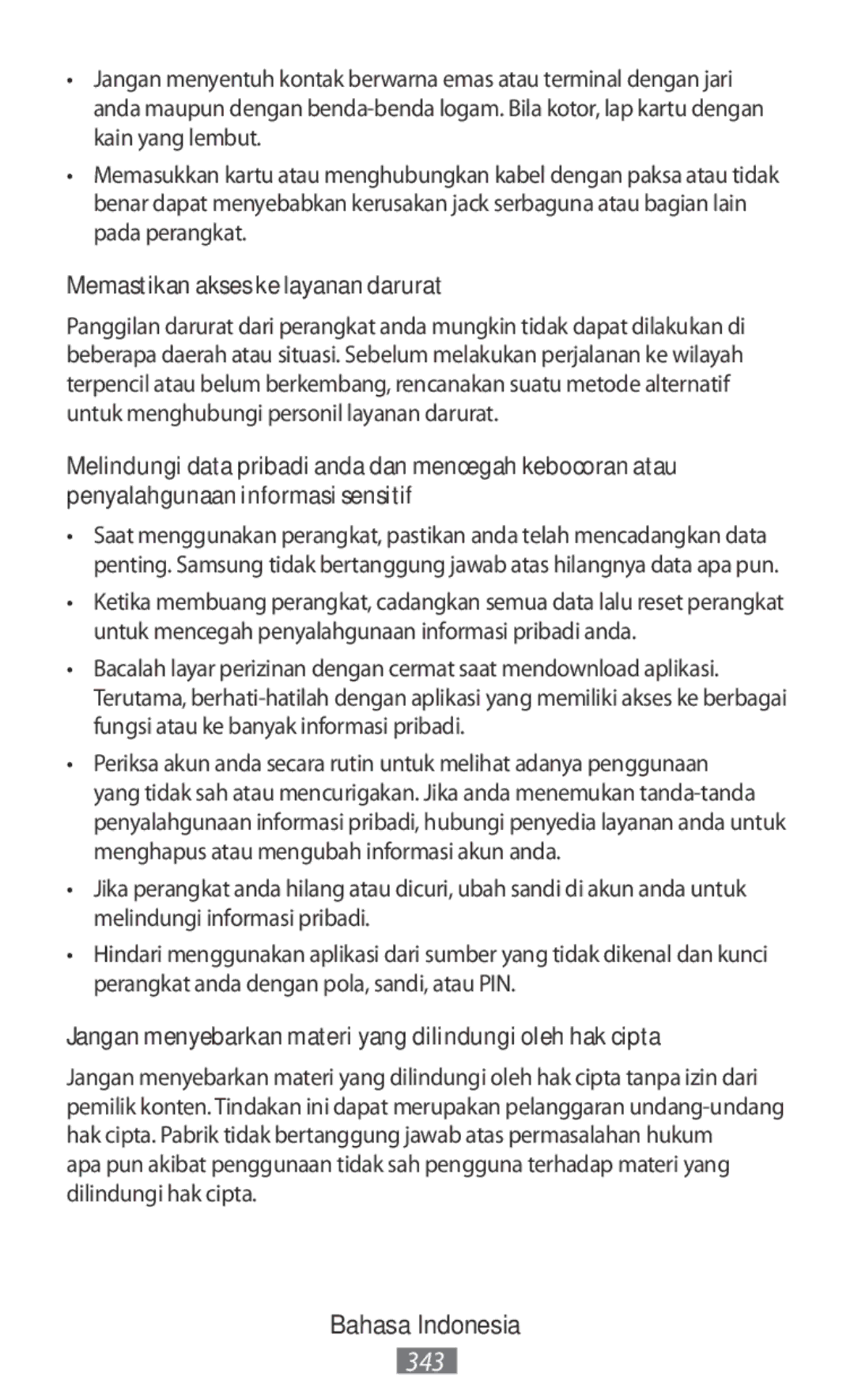 Samsung SM-T585NZKEXEF manual Memastikan akses ke layanan darurat, Jangan menyebarkan materi yang dilindungi oleh hak cipta 