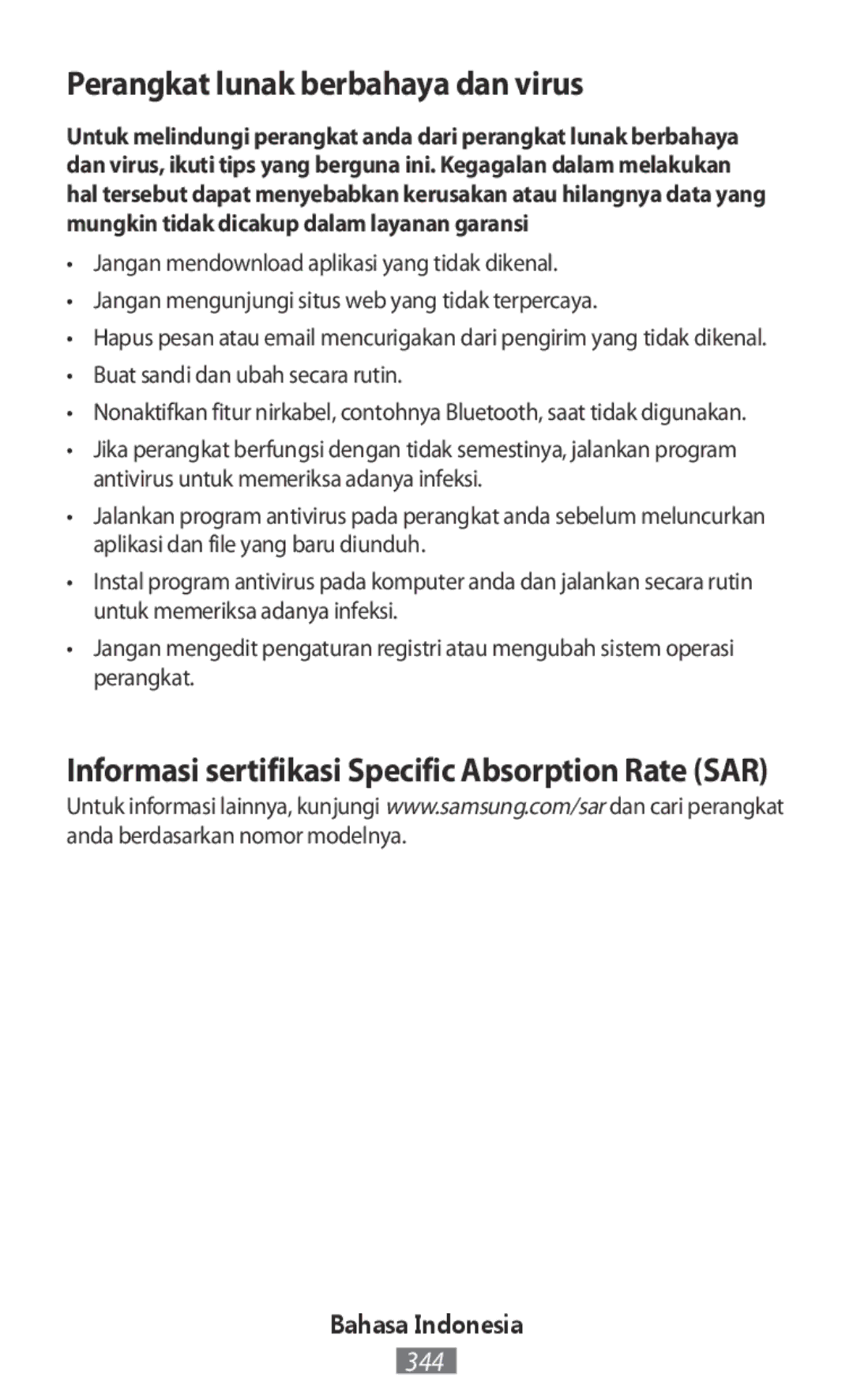 Samsung SM-T585NZWEXEF manual Perangkat lunak berbahaya dan virus, Informasi sertifikasi Specific Absorption Rate SAR 