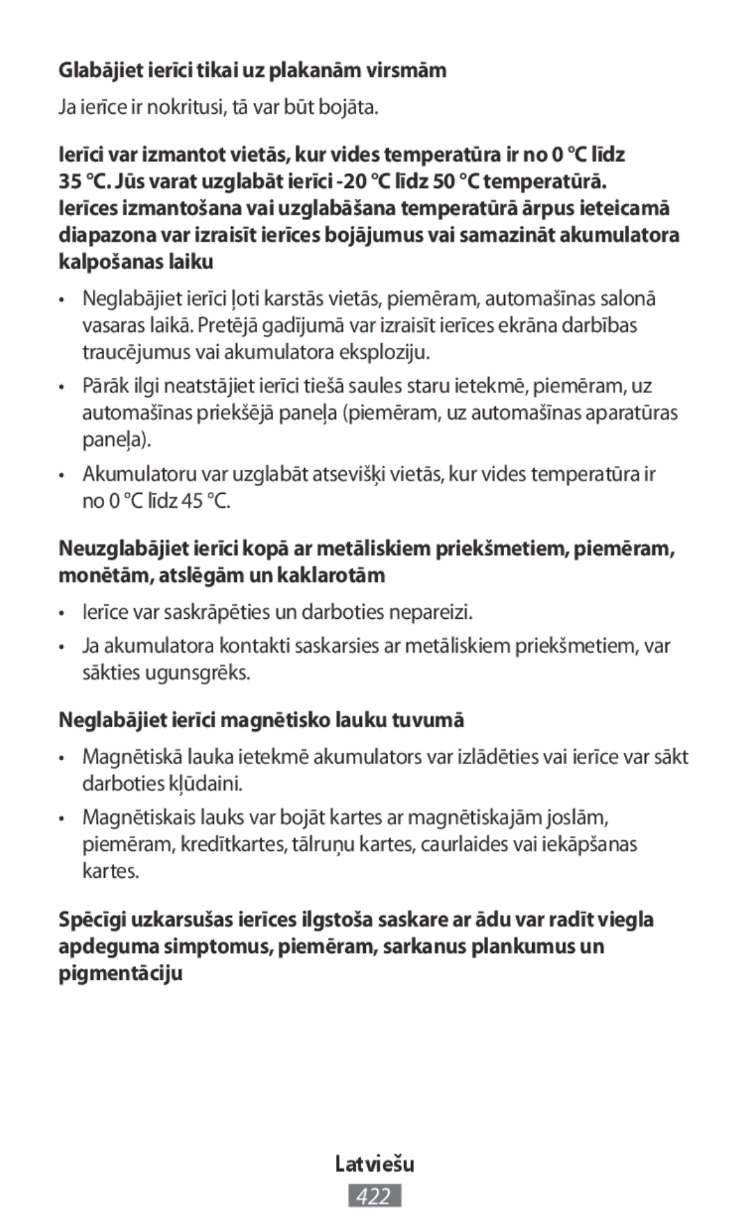 Samsung SM-T580NZKEXEZ manual Glabājiet ierīci tikai uz plakanām virsmām, Ja ierīce ir nokritusi, tā var būt bojāta 