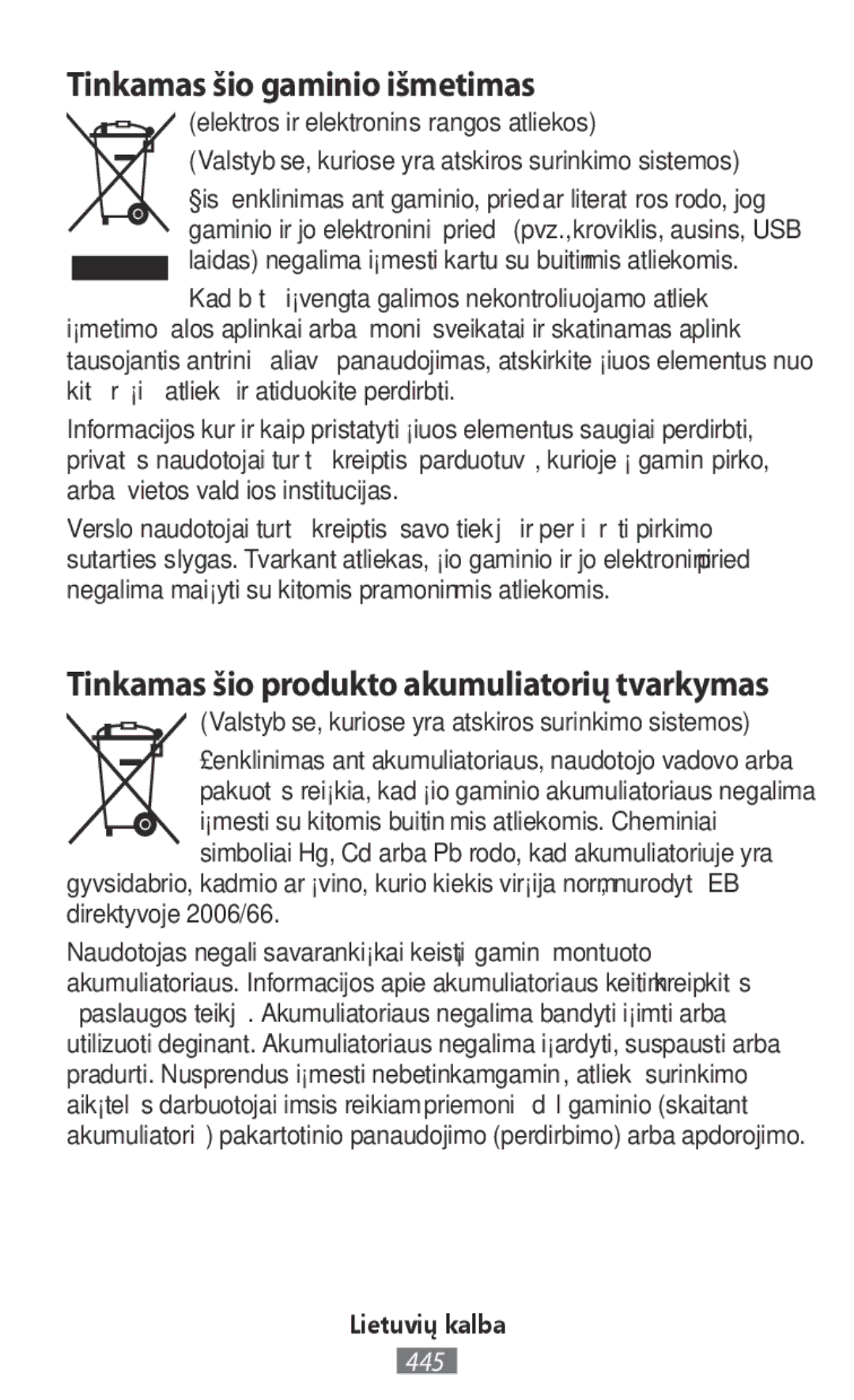 Samsung SM-T580NZWENEE, SM-A300FZDDSEE manual Tinkamas šio gaminio išmetimas, Tinkamas šio produkto akumuliatorių tvarkymas 