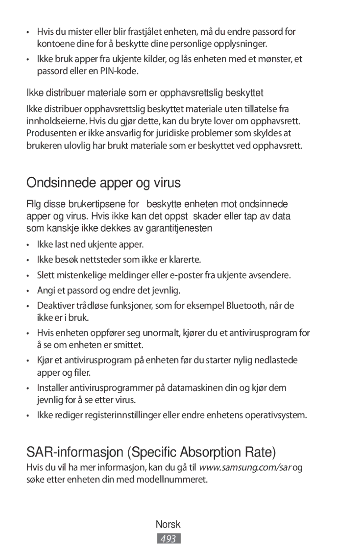 Samsung SM-T580NZWAXEH, SM-A300FZDDSEE, SM-A300FZDUMEO Ondsinnede apper og virus, SAR-informasjon Specific Absorption Rate 