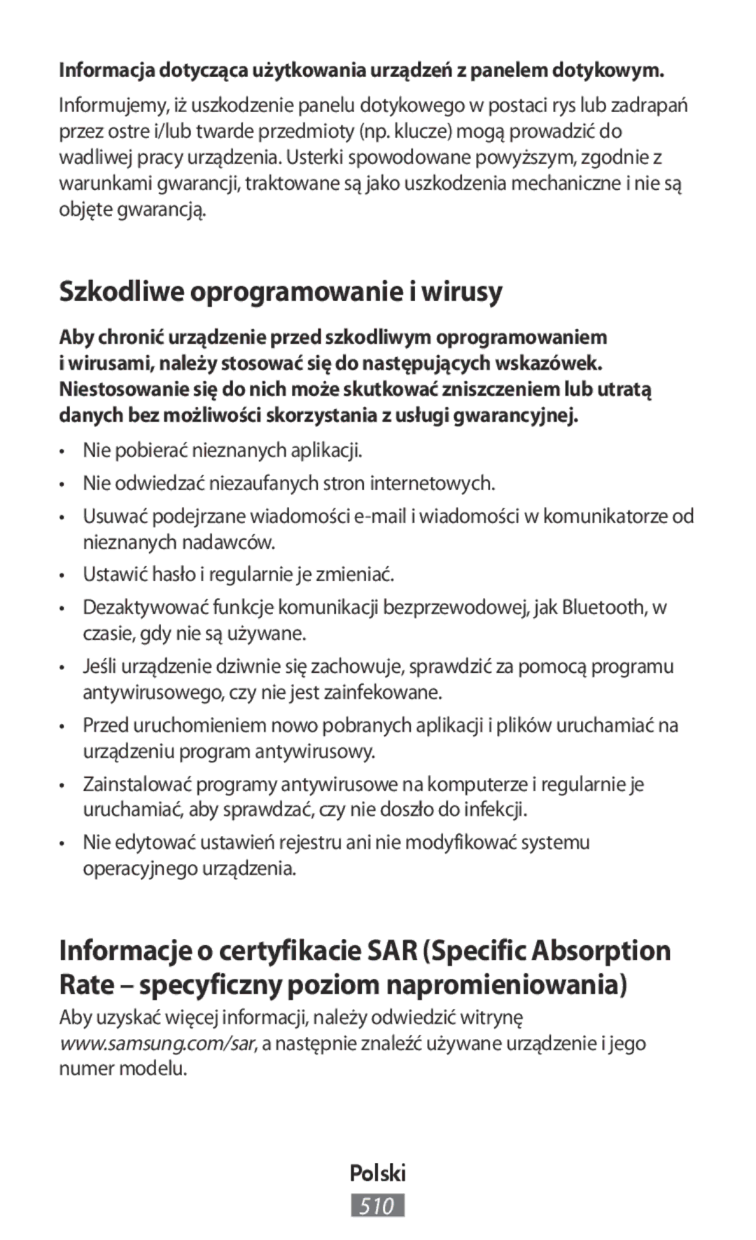 Samsung SM-A300FZSUETL, SM-A300FZDDSEE, SM-A300FZDUMEO, SM-A300FZDUXEO, SM-A300FZWUVGR manual Szkodliwe oprogramowanie i wirusy 