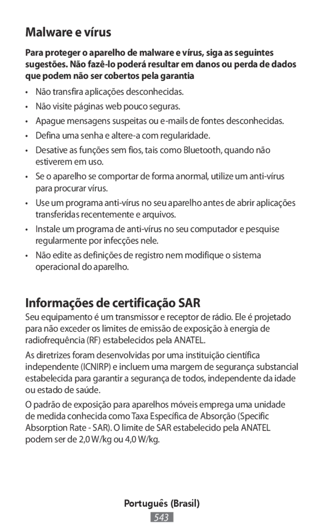 Samsung SM-A300FZDDSEE, SM-A300FZDUMEO, SM-A300FZDUXEO, SM-A300FZWUVGR manual Malware e vírus, Informações de certificação SAR 