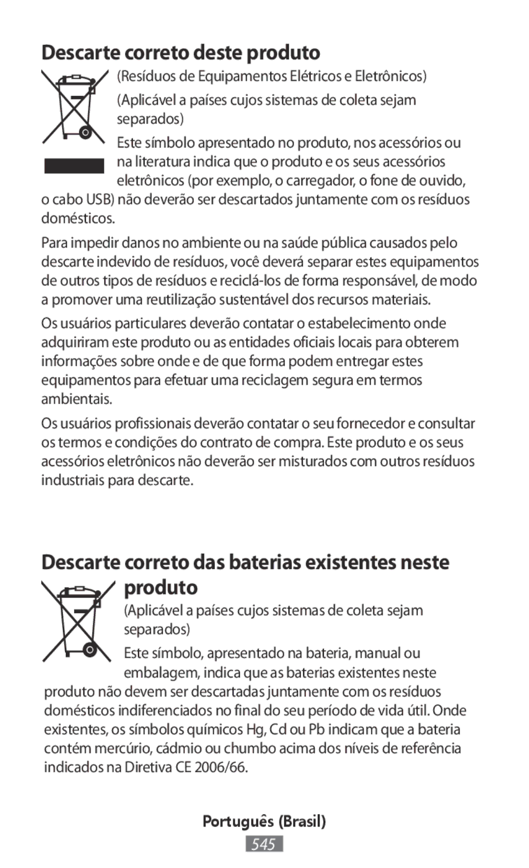 Samsung SM-A300FZDUXEO manual Descarte correto deste produto, Descarte correto das baterias existentes neste produto 