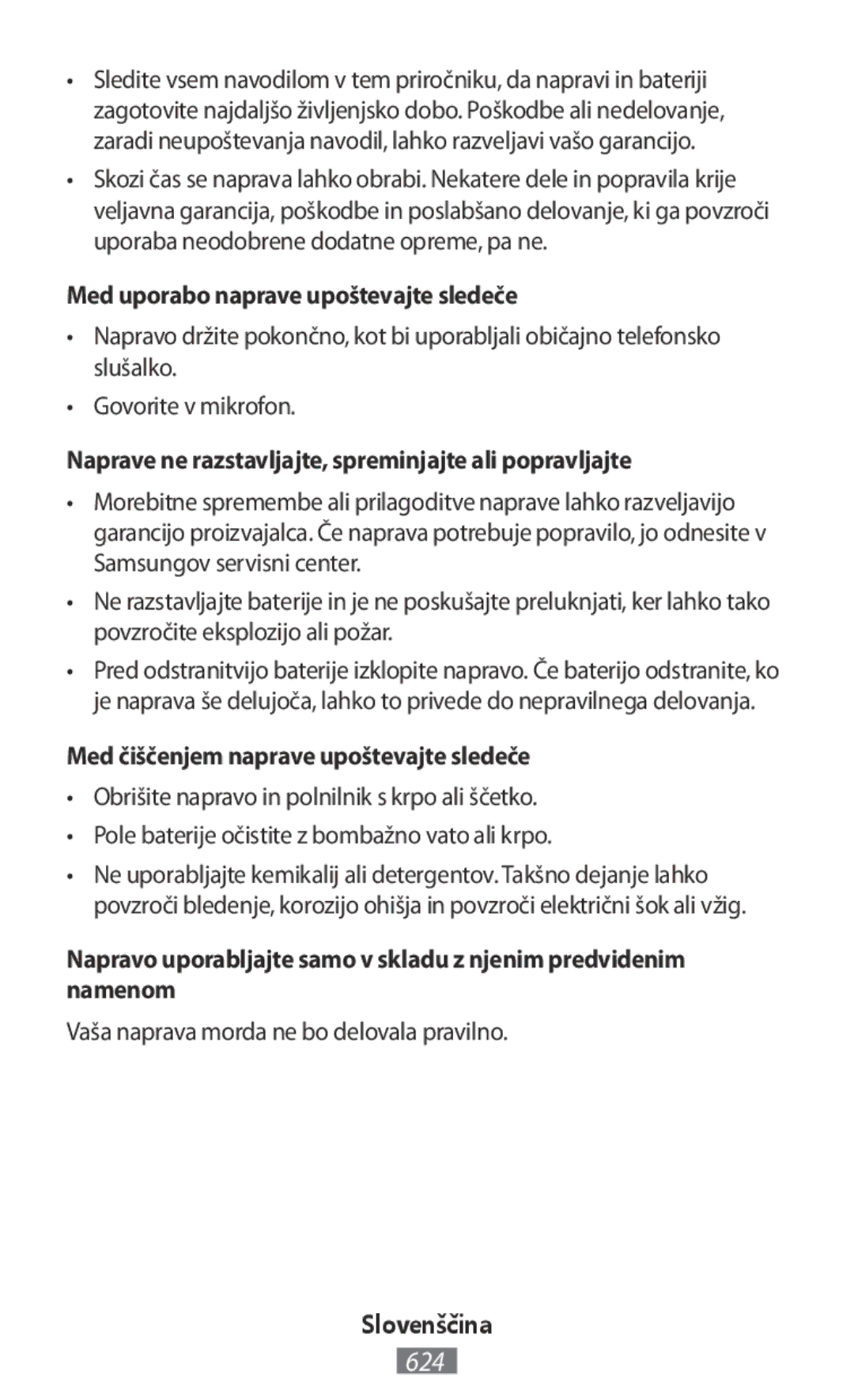 Samsung SM-A300FZWUFTM Med uporabo naprave upoštevajte sledeče, Naprave ne razstavljajte, spreminjajte ali popravljajte 