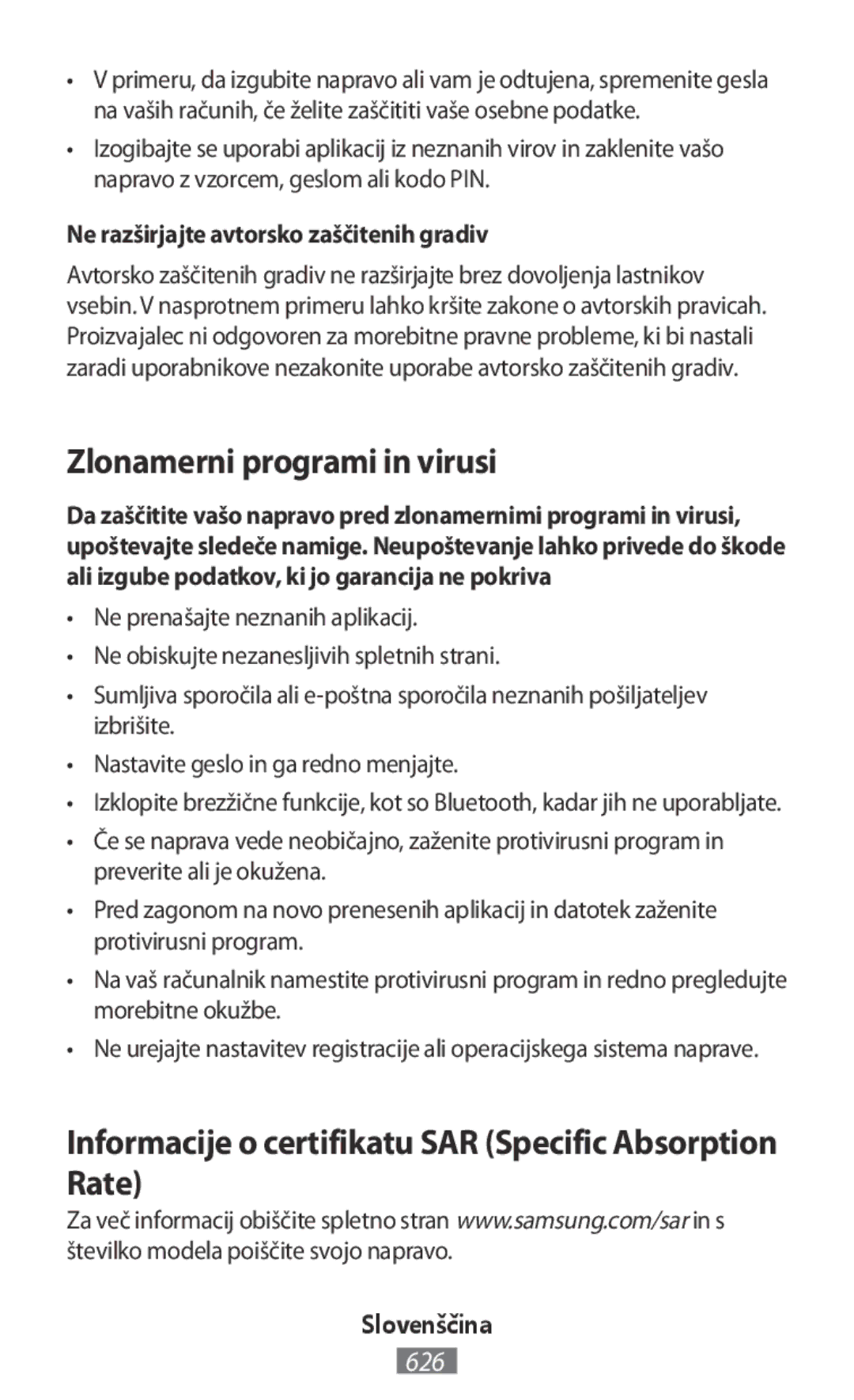 Samsung SM-A300FZWUBOG manual Zlonamerni programi in virusi, Informacije o certifikatu SAR Specific Absorption Rate 