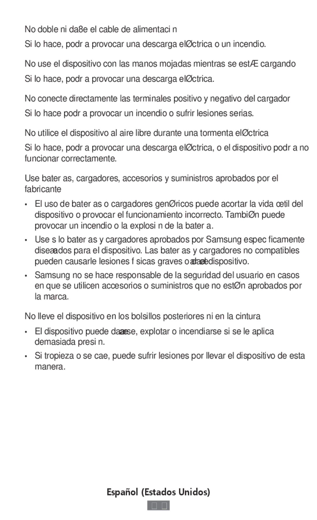Samsung SM-A300FZKUTIM, SM-A300FZDDSEE, SM-A300FZDUMEO, SM-A300FZDUXEO manual No doble ni dañe el cable de alimentación 