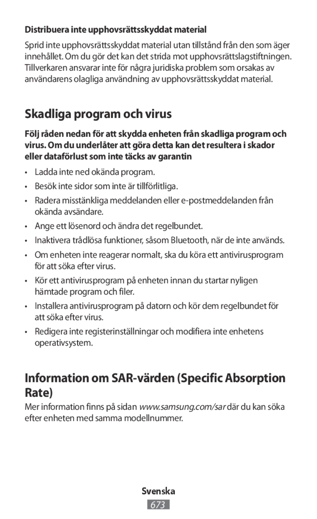 Samsung SM-T580NZWEPHE, SM-A300FZDDSEE manual Skadliga program och virus, Information om SAR-värden Specific Absorption Rate 