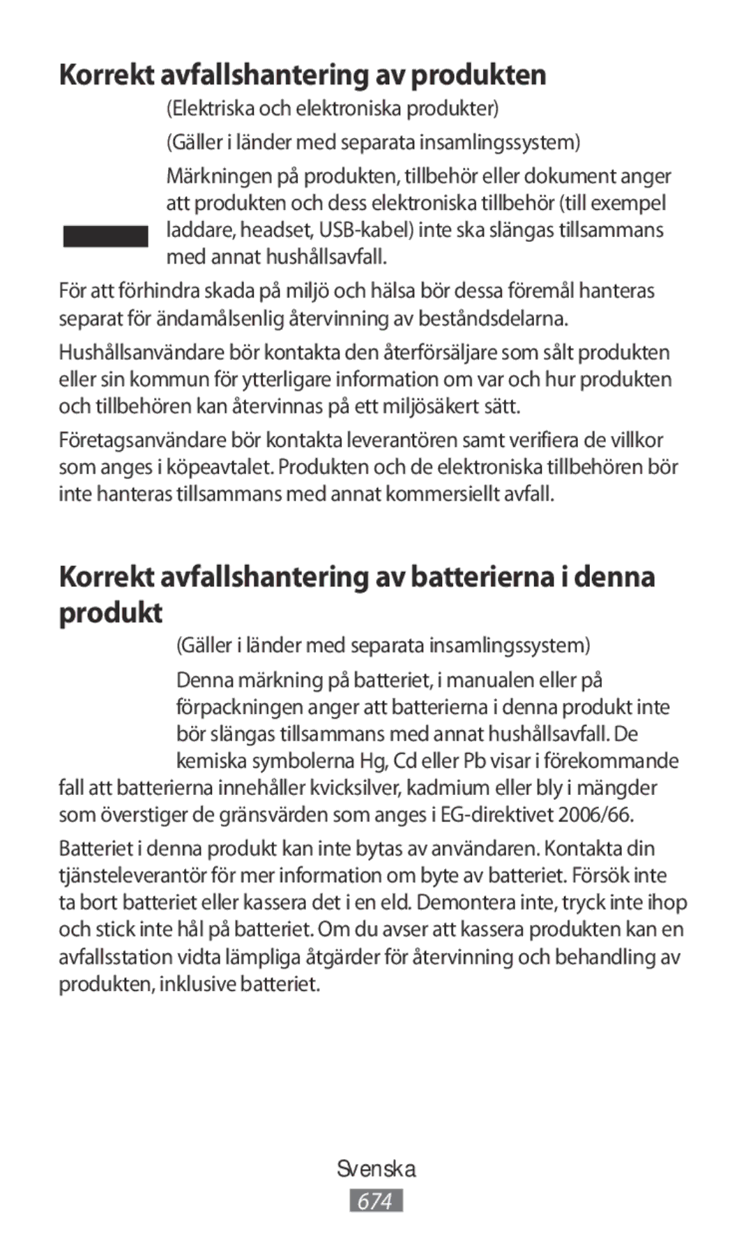 Samsung SM-T585NZKAPHE Korrekt avfallshantering av produkten, Korrekt avfallshantering av batterierna i denna produkt 