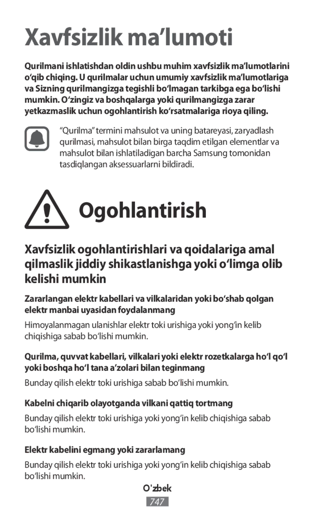 Samsung SM-A300FZWUIDE, SM-A300FZDDSEE manual Ogohlantirish, Bunday qilish elektr toki urishiga sabab bo‘lishi mumkin, Ozbek 