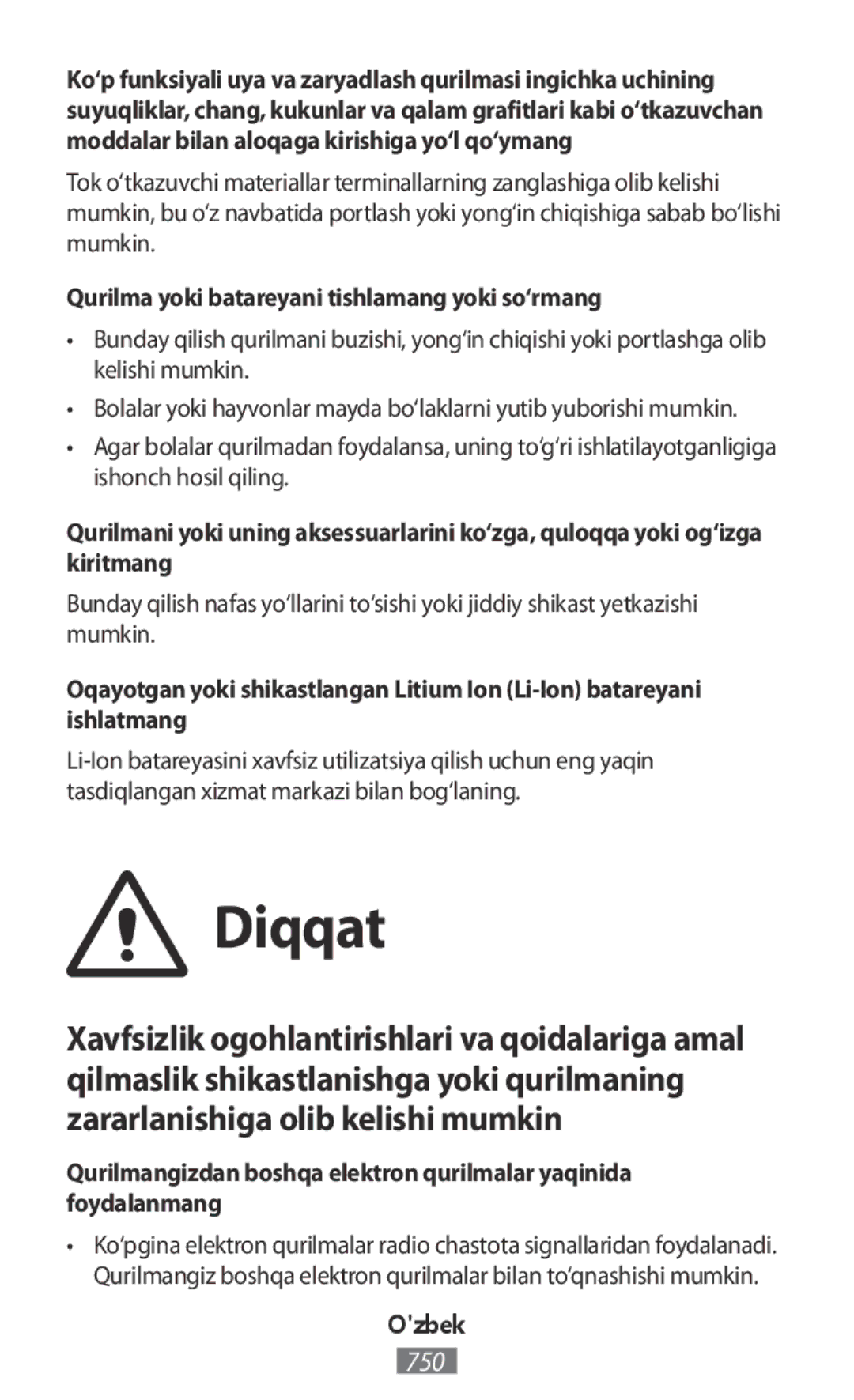 Samsung SM2A300FZDUETL, SM-A300FZDDSEE, SM-A300FZDUMEO manual Diqqat, Qurilma yoki batareyani tishlamang yoki so‘rmang 