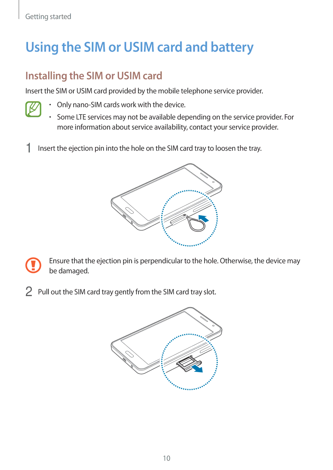 Samsung SM-A300FZWUDBT, SM-A300FZDDSEE manual Using the SIM or Usim card and battery, Installing the SIM or Usim card 