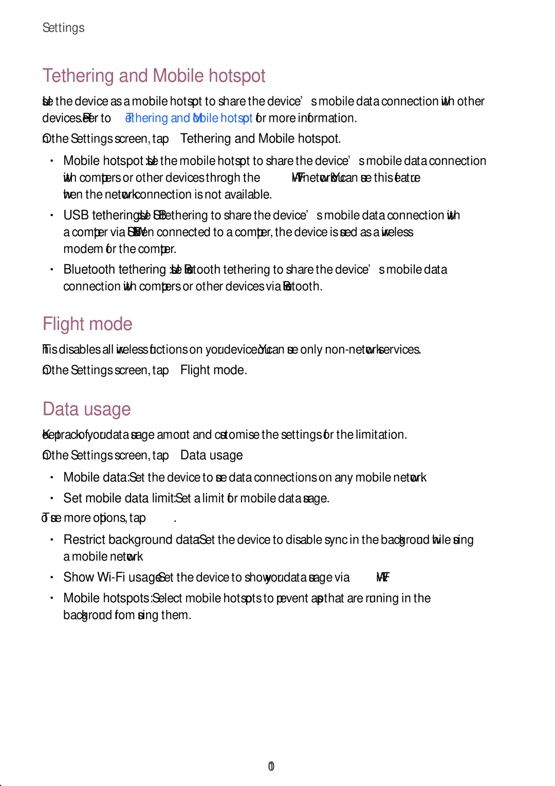 Samsung SM-A300FZDDAUT, SM-A300FZDDSEE, SM-A300FZDUMEO, SM-A300FZDUXEO Tethering and Mobile hotspot, Flight mode, Data usage 