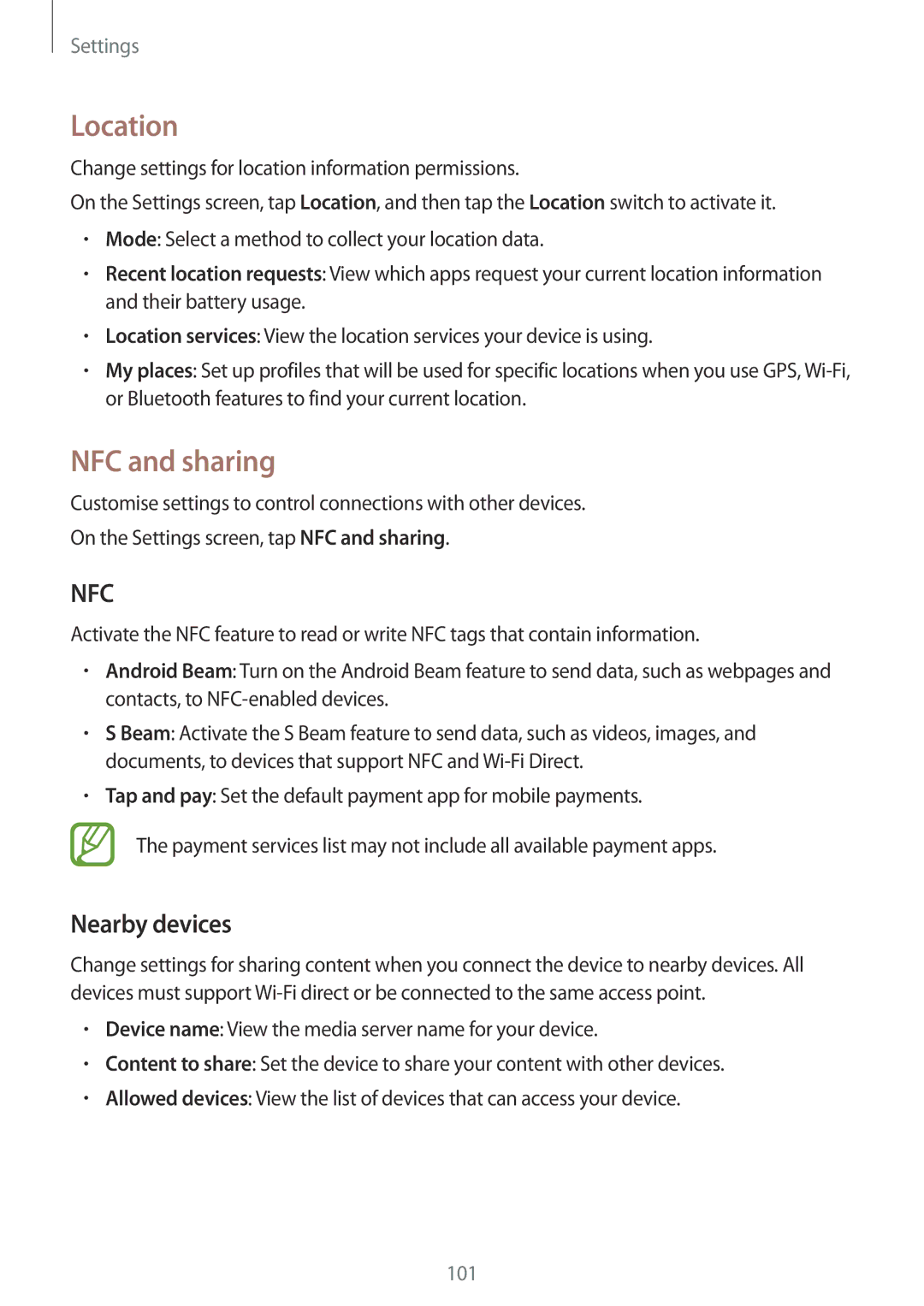 Samsung SM-A300FZWUPHN, SM-A300FZDDSEE, SM-A300FZDUMEO, SM-A300FZDUXEO manual Location, NFC and sharing, Nearby devices 