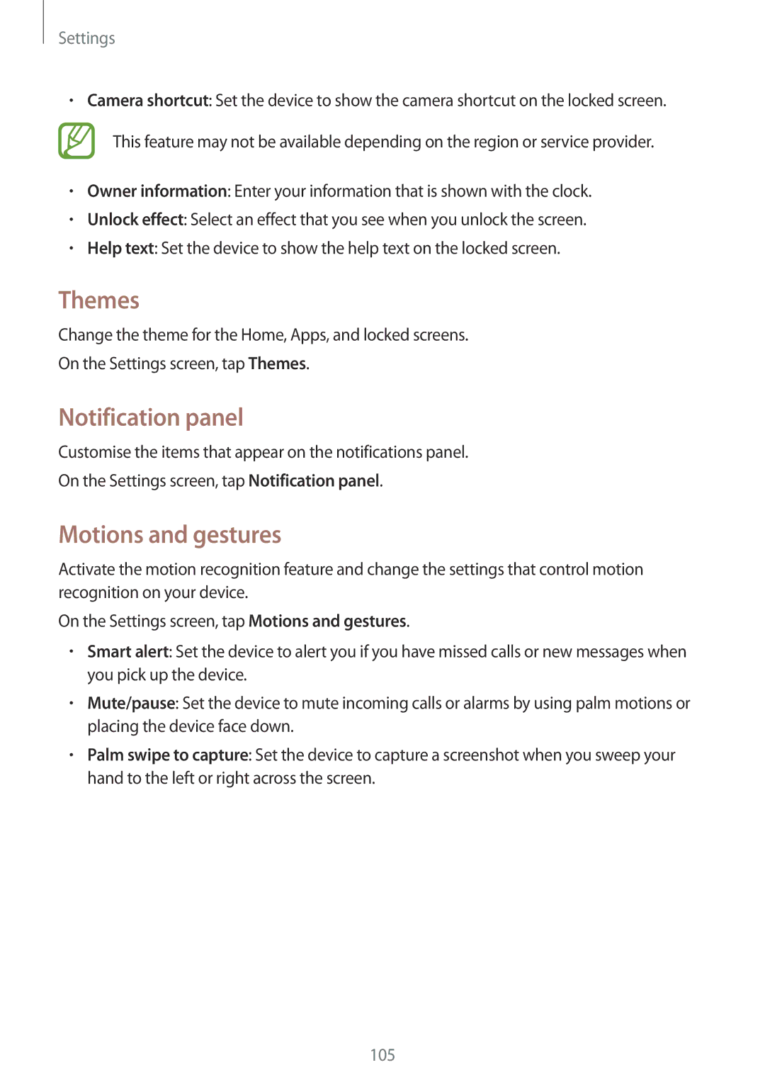 Samsung SM-A300FZSUITV, SM-A300FZDDSEE, SM-A300FZDUMEO, SM-A300FZDUXEO manual Themes, Notification panel, Motions and gestures 