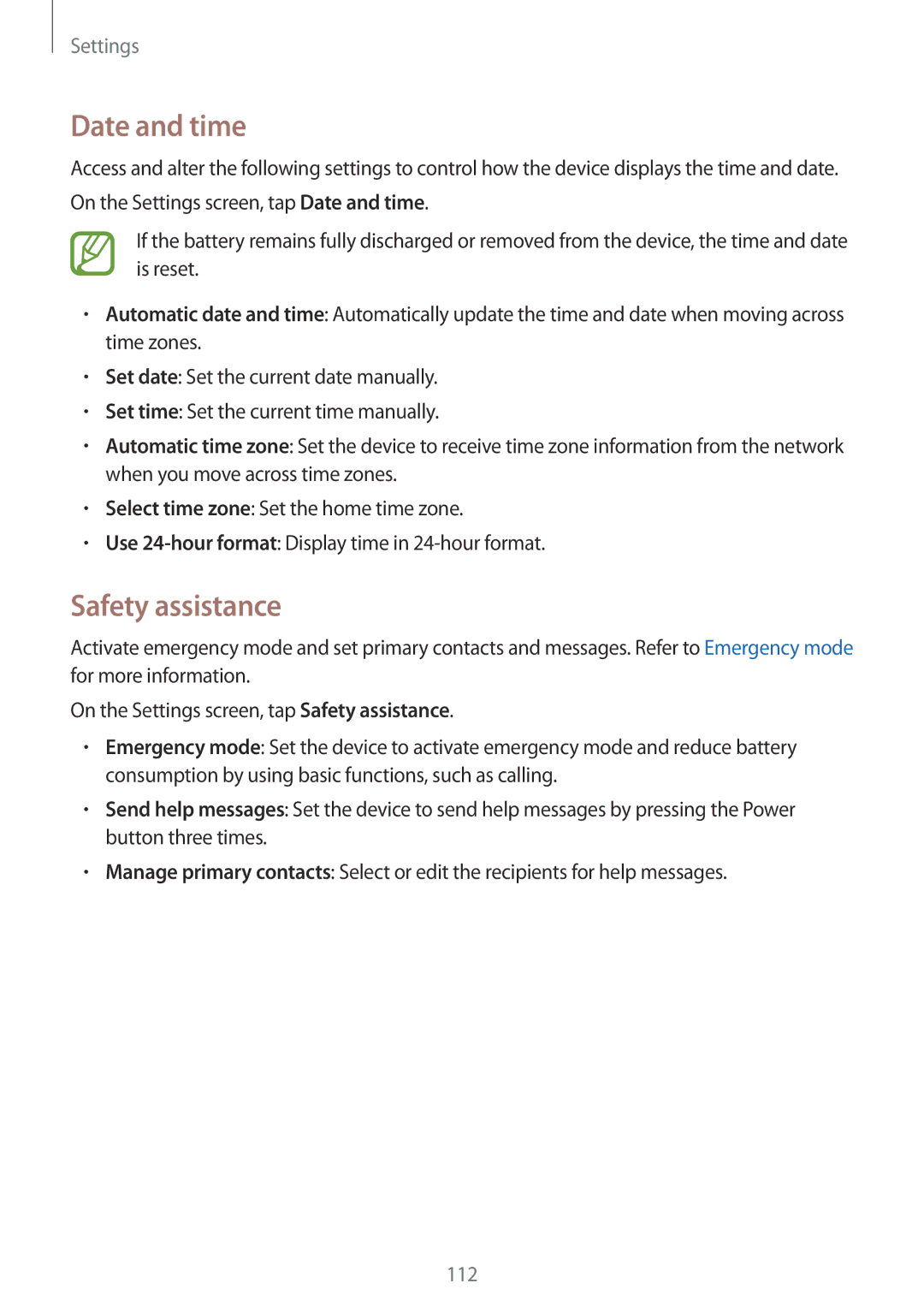 Samsung SM-A300FZKDETL, SM-A300FZDDSEE, SM-A300FZDUMEO, SM-A300FZDUXEO, SM-A300FZWUVGR manual Date and time, Safety assistance 