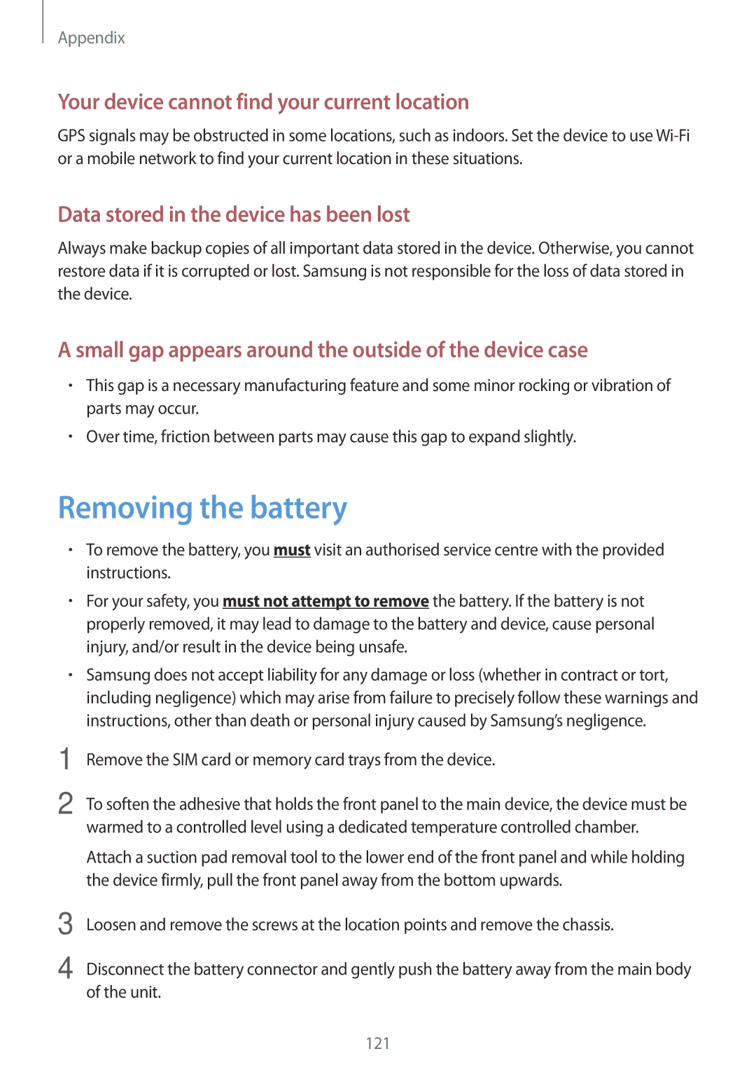 Samsung SM-A300FZWUTEN, SM-A300FZDDSEE, SM-A300FZDUMEO Removing the battery, Your device cannot find your current location 