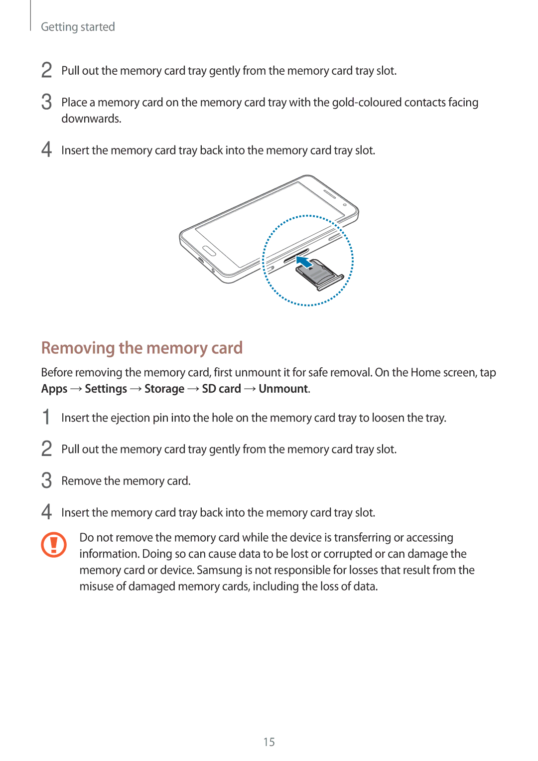 Samsung SM-A300FZDUCOS, SM-A300FZDDSEE, SM-A300FZDUMEO, SM-A300FZDUXEO, SM-A300FZWUVGR manual Removing the memory card 