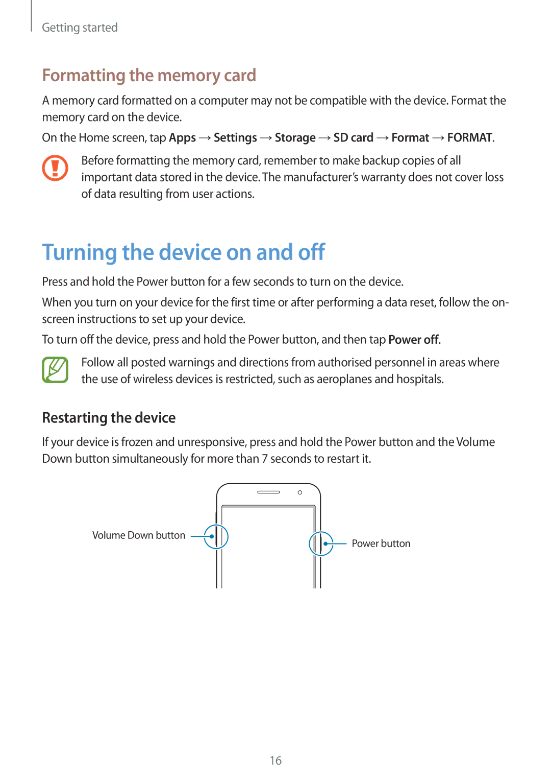 Samsung SM-A300FZKUDBT, SM-A300FZDDSEE Turning the device on and off, Formatting the memory card, Restarting the device 