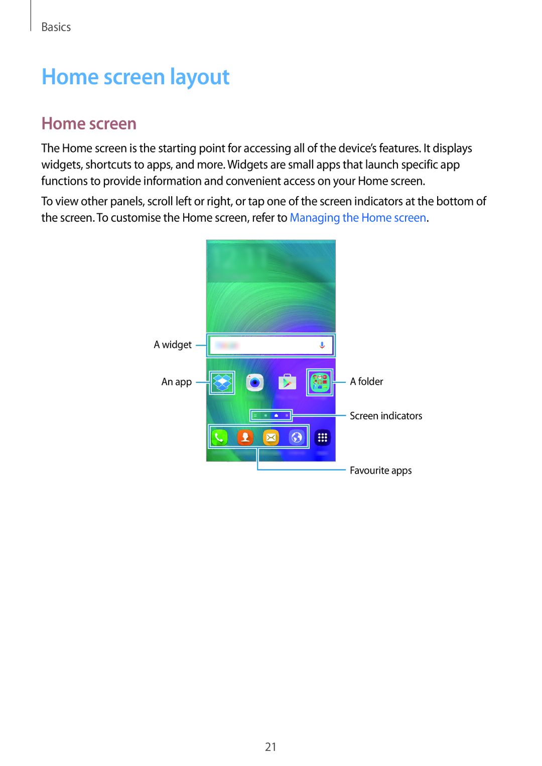 Samsung SM-A300FZKUTTR, SM-A300FZDDSEE, SM-A300FZDUMEO, SM-A300FZDUXEO, SM-A300FZWUVGR, SM-A300FZWUTCL manual Home screen layout 