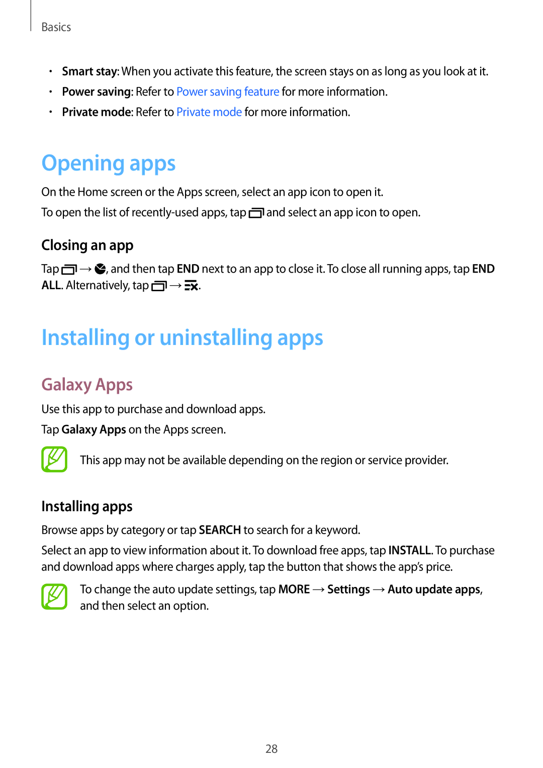 Samsung SM-A300FZWUCOS manual Opening apps, Installing or uninstalling apps, Galaxy Apps, Closing an app, Installing apps 