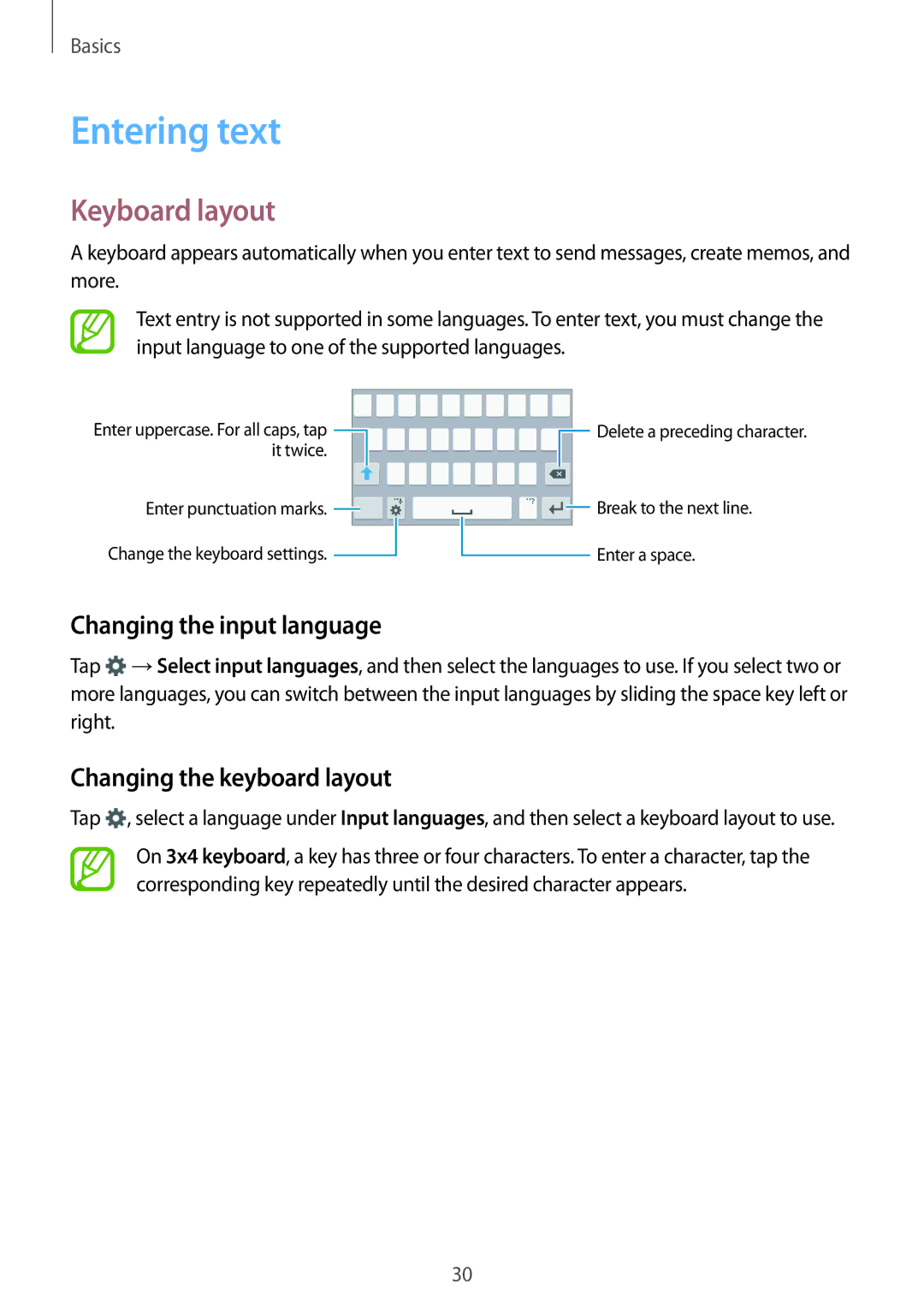 Samsung SM-A300FZKUTPH manual Entering text, Keyboard layout, Changing the input language, Changing the keyboard layout 